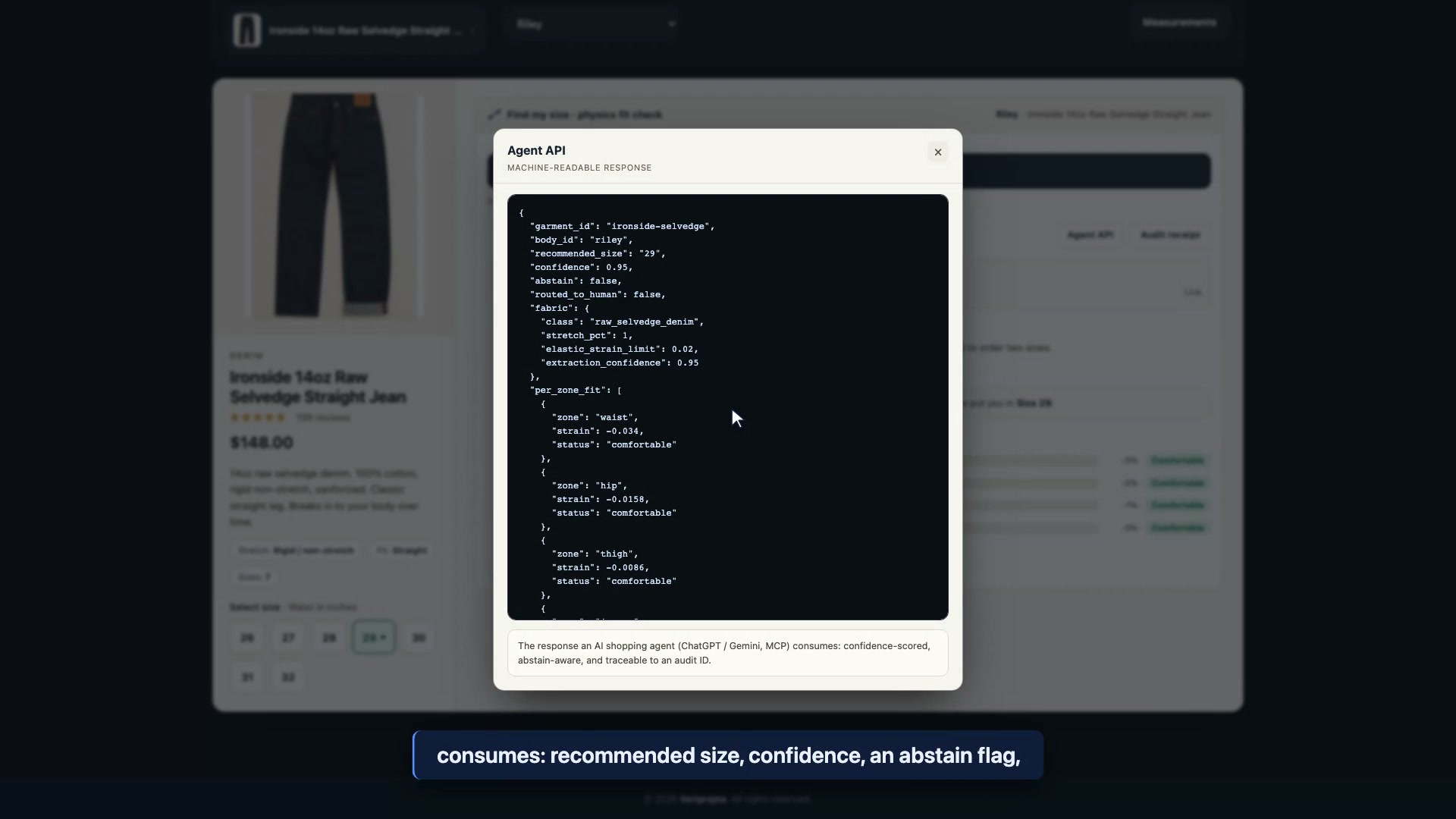 The Contour agent API machine-readable response showing recommended_size 29, confidence 0.95, abstain false, the extracted fabric block, and a per_zone_fit array with strain and comfortable status for waist, hip, and thigh.