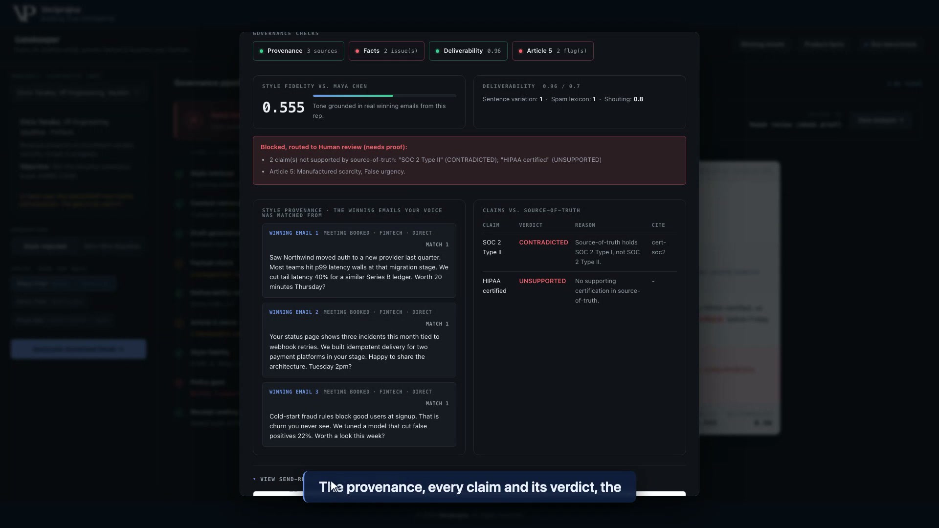 Analysis view with governance checks for Provenance, Facts, Deliverability, and Article 5, the style provenance emails on the left, and a claims-versus-source-of-truth table on the right marking SOC 2 Type II as CONTRADICTED and HIPAA certified as UNSUPPORTED with reasons and citations.