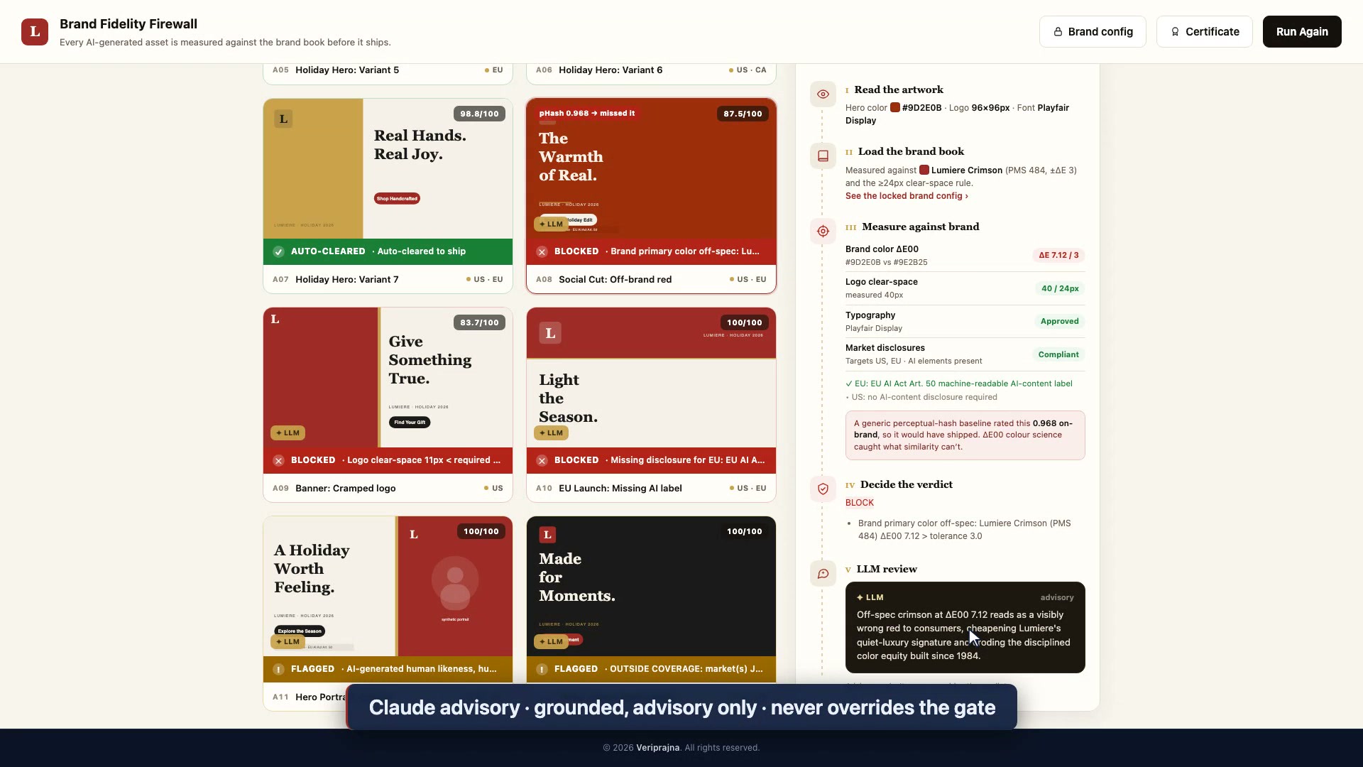 Brand Fidelity Firewall evidence panel showing an LLM review card labeled advisory with a grounded note about the off-spec crimson, positioned below the deterministic BLOCK verdict it does not change