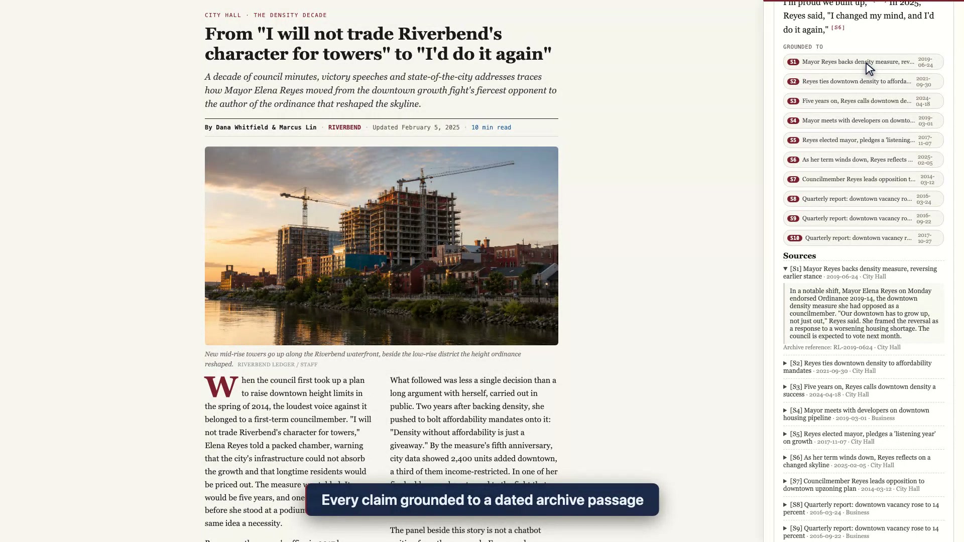 The Grounded To and Sources panel of the reader widget, with citation S1 expanded to reveal the full archive passage in which Mayor Reyes endorsed the downtown density measure she had opposed, dated 2019-06-24 with an archive reference.