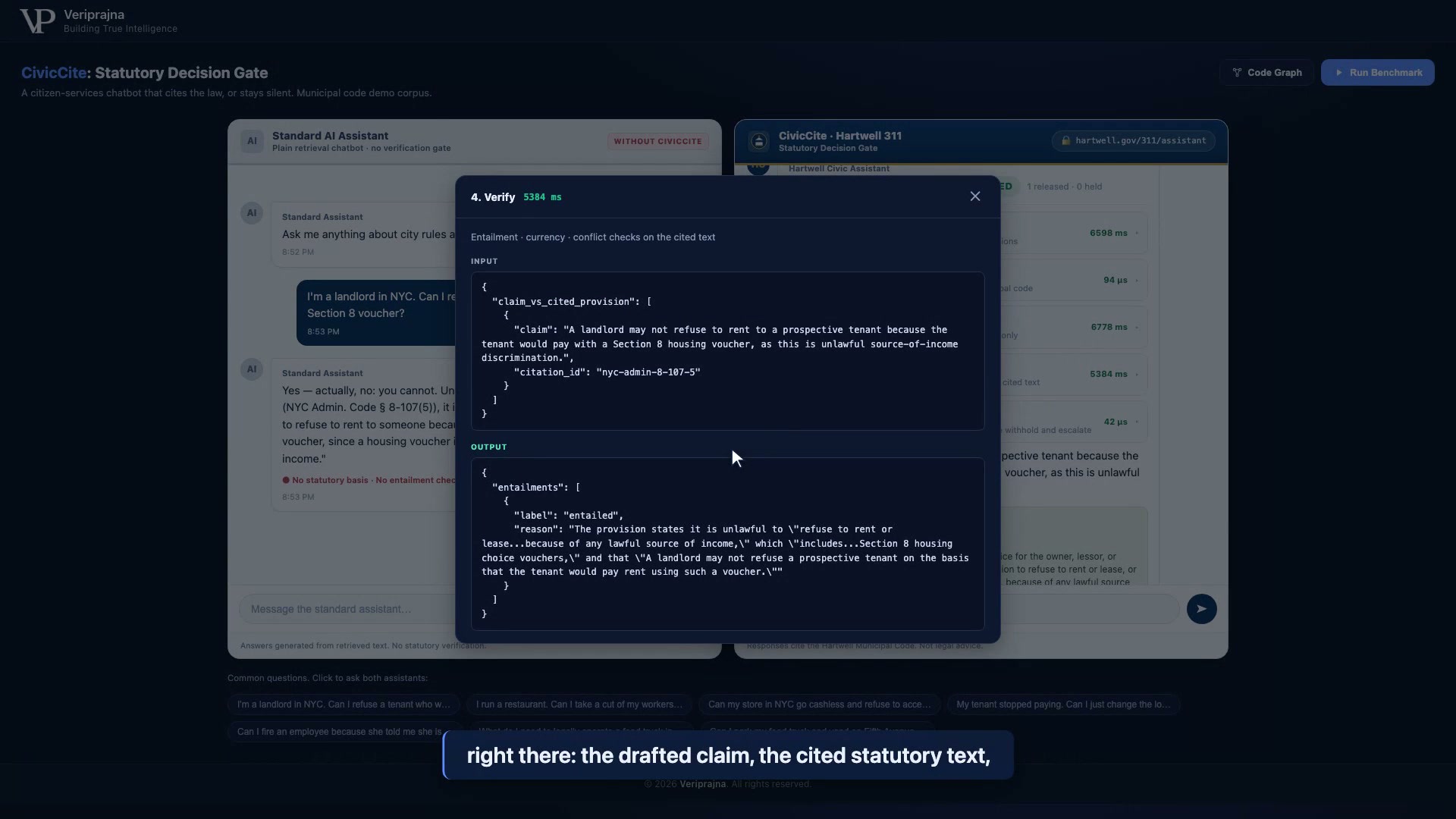 The Verify stage detail panel showing the drafted claim and its citation id as input, and the entailment output labeled entailed with a reason quoting the cited provision about lawful source of income and Section 8 housing vouchers.
