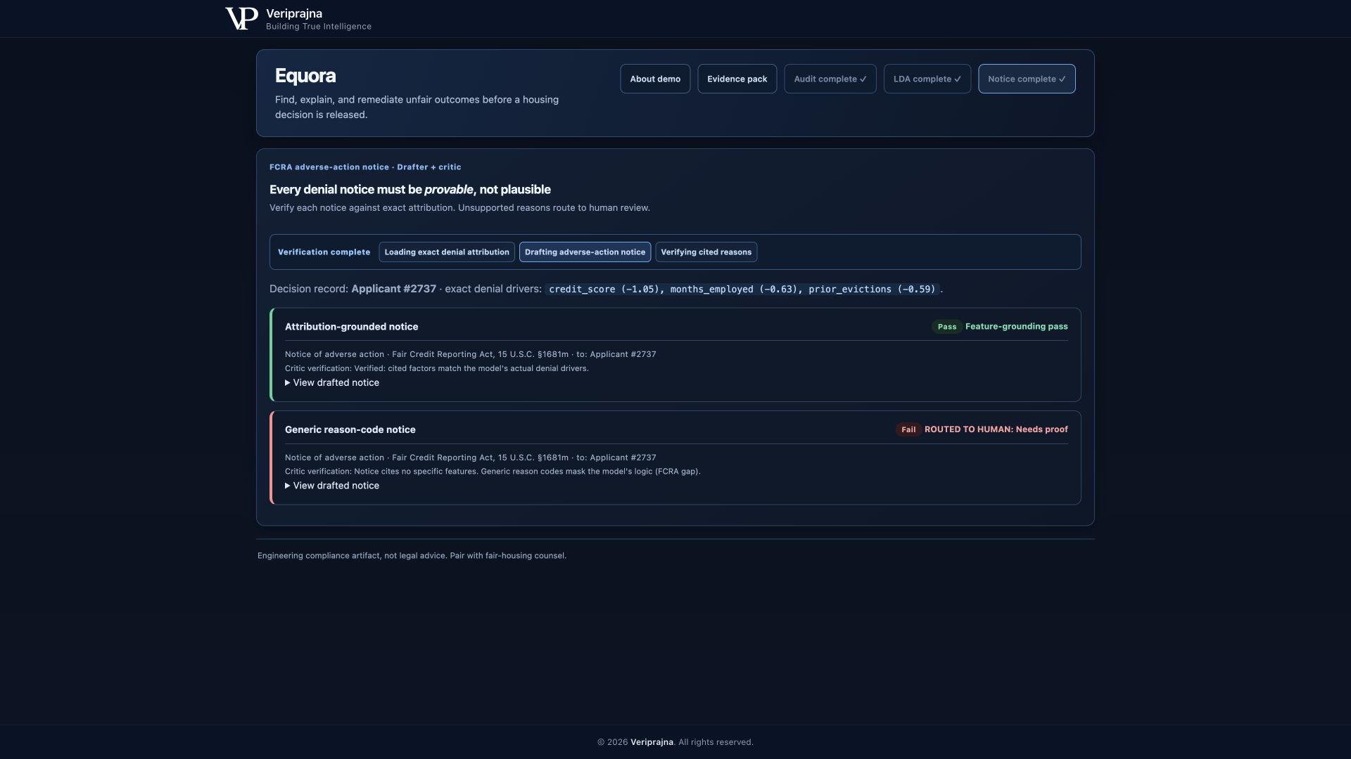 Equora notice verification showing a feature-grounded reason passing and a generic reason routing to human review
