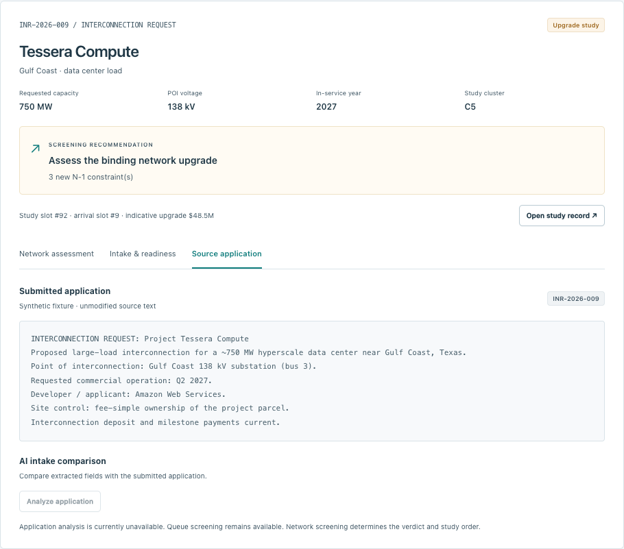 Synthetic Tessera application text showing a 750 MW request at bus 3, site control and deposit statements.