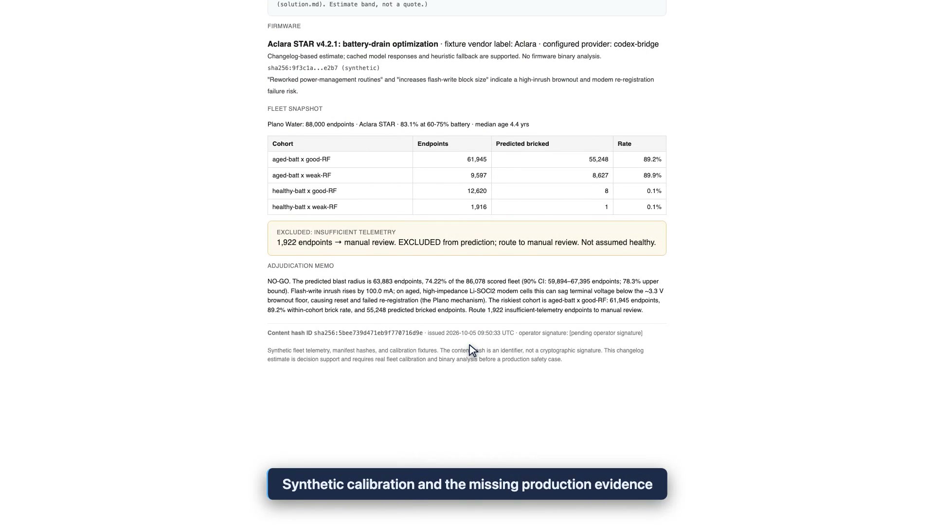 Generated initial-case decision record showing synthetic fleet cohorts, 1,922 excluded endpoints and a pending operator signature.