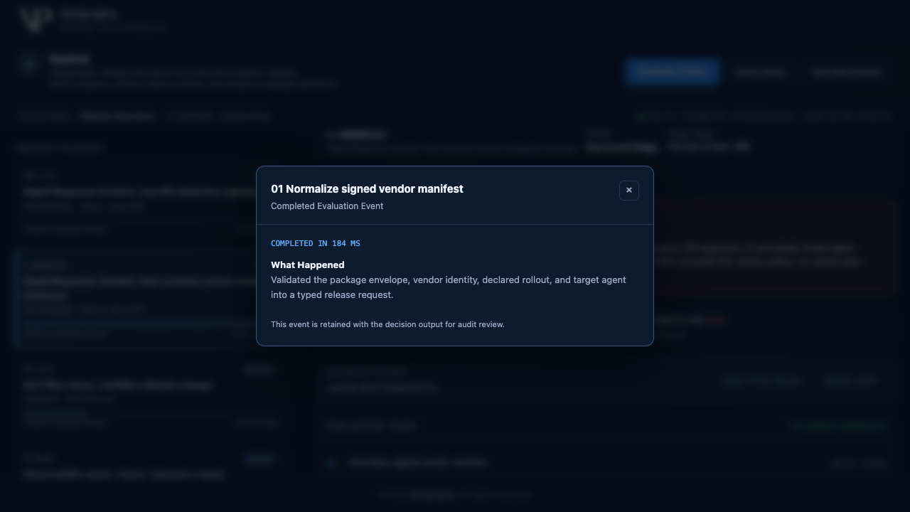 A single evaluation-trace step modal in Kestrel titled Normalize signed vendor manifest, marked completed in 184 milliseconds, describing that it validated the package envelope, vendor identity, declared rollout, and target agent into a typed release request, with a note that the event is retained with the decision output for audit review.