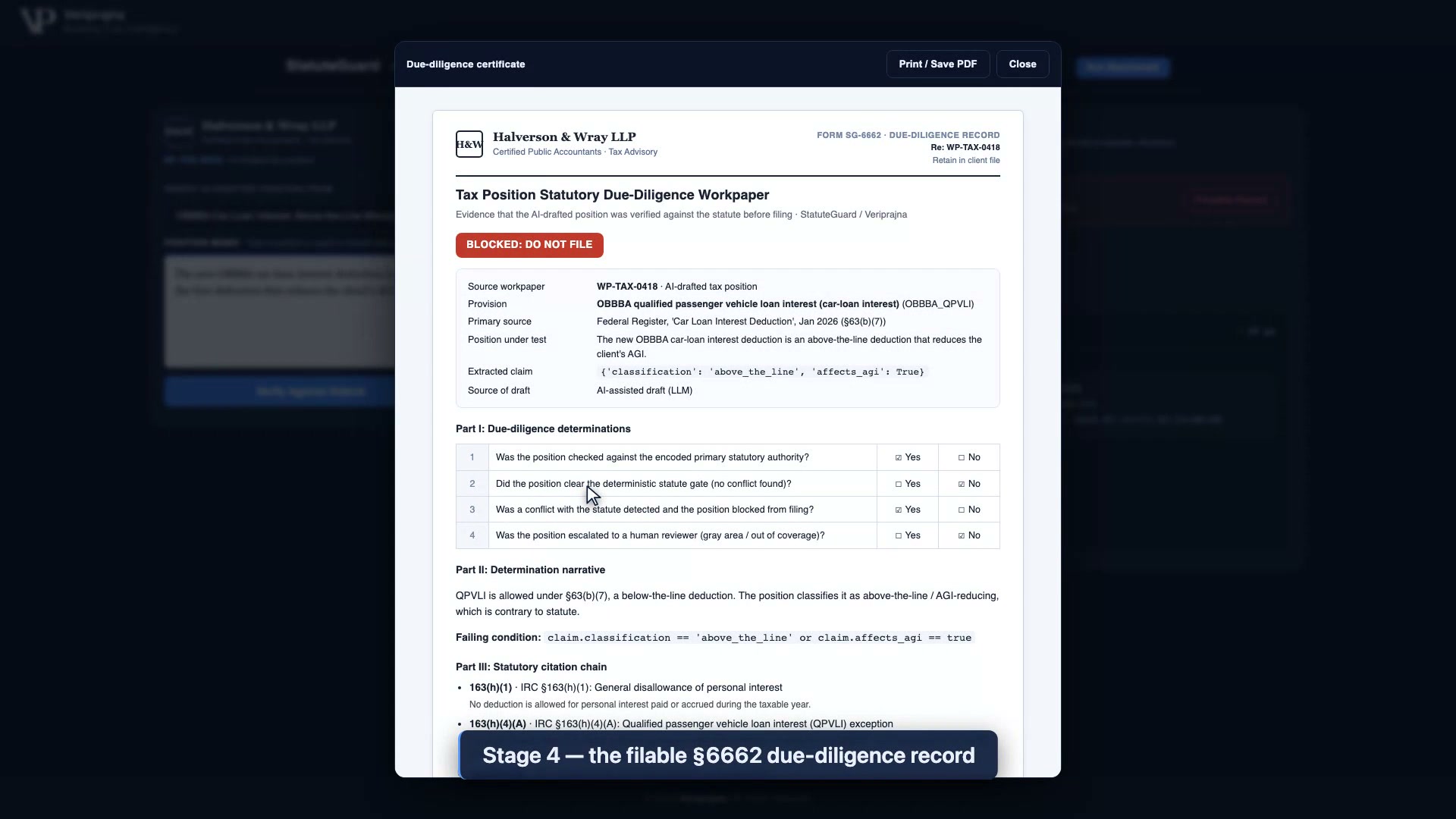 StatuteGuard printable due-diligence certificate, Form SG-6662, for the blocked OBBBA position, showing the source workpaper, primary source, extracted claim, a due-diligence determination checklist, the determination narrative, and the statutory citation chain.
