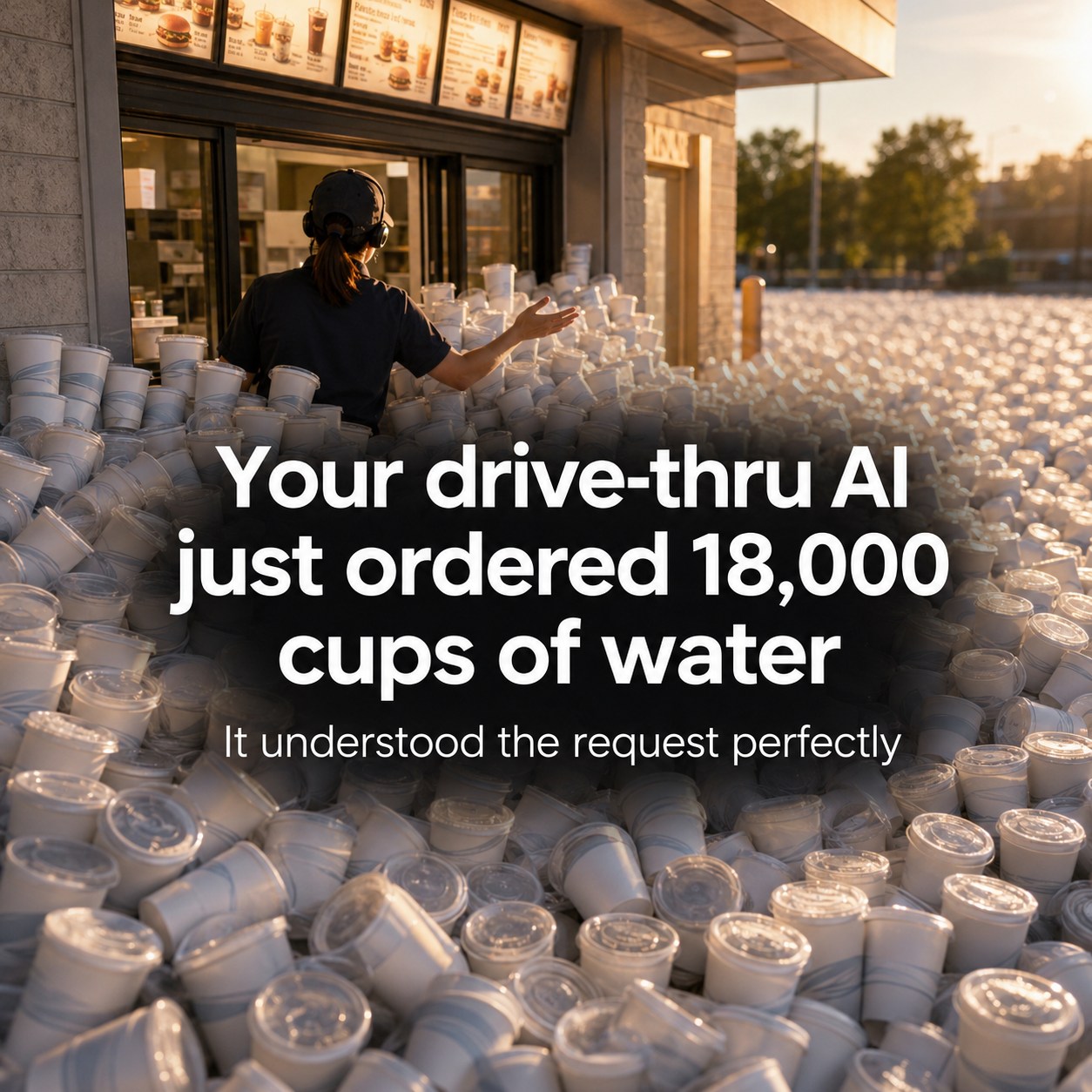 Photo by Veriprajna on June 21, 2026. May be an image of water bottle, cup and text that says "Fantey Your drive-thru thru A just ordered 18,000 cups of water It understood the request perfectly".