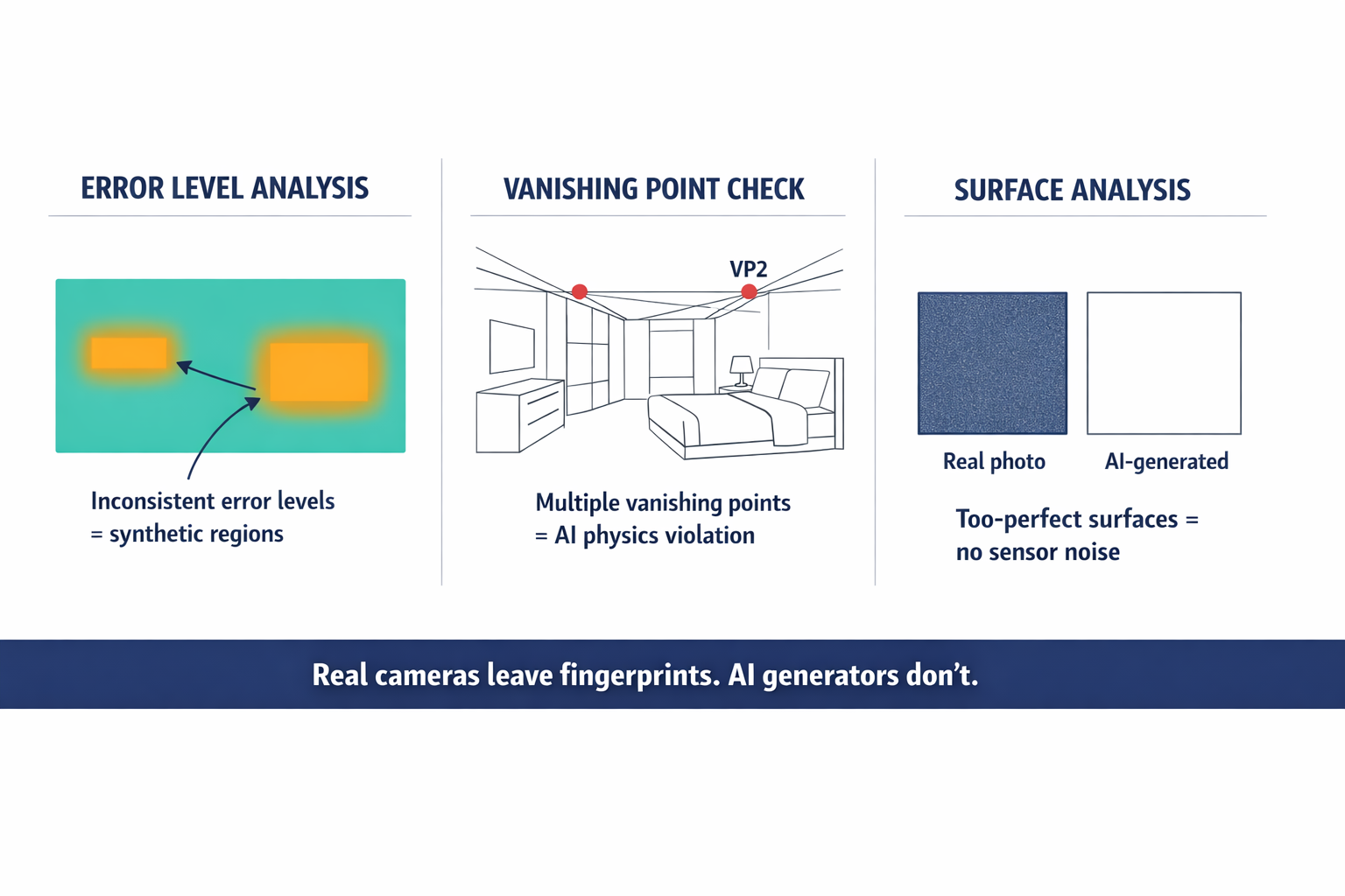 An annotated diagram showing three visual forensic detection methods applied to a synthetic hotel room image — Error Level Analysis, vanishing point inconsistency, and surface perfection detection.