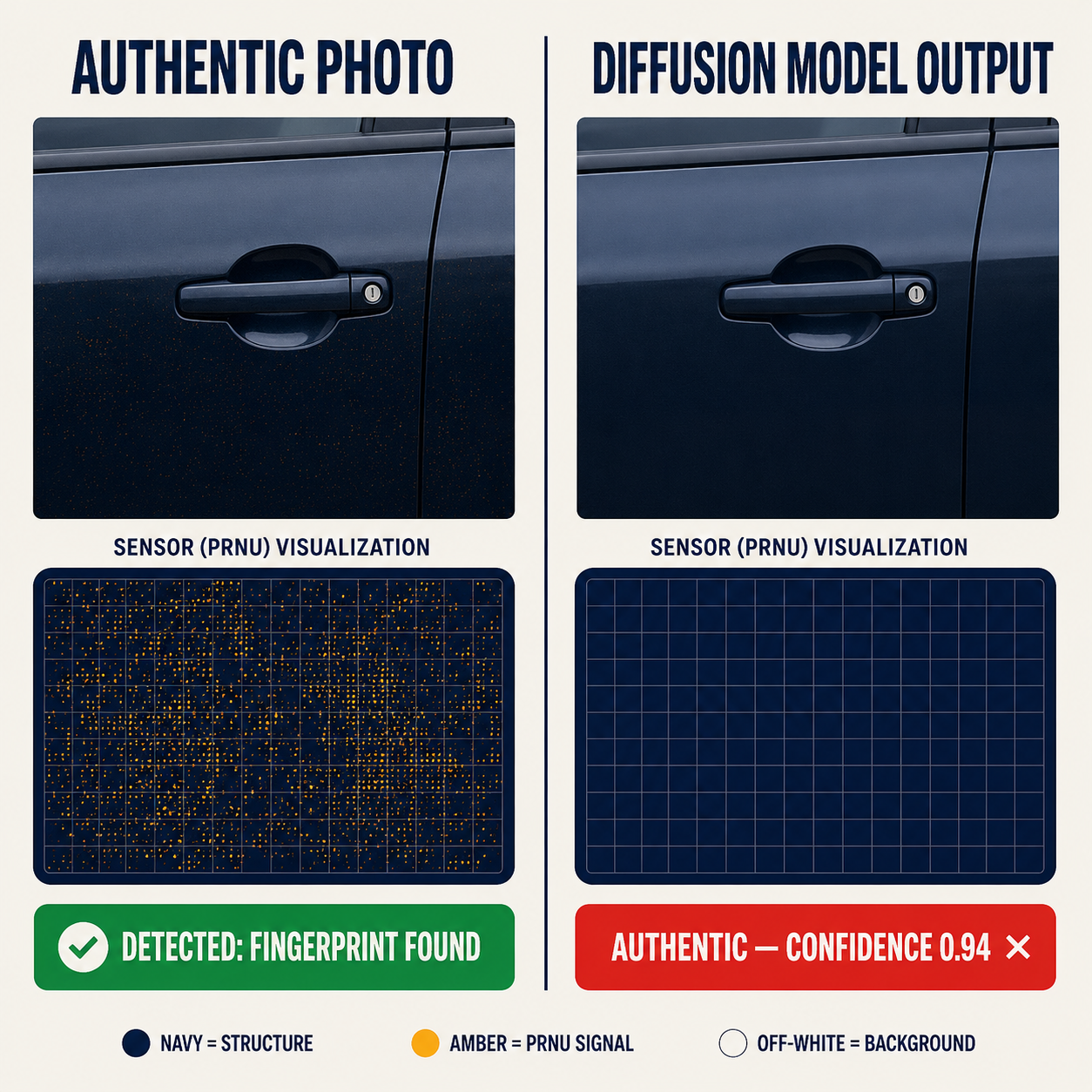 Two-panel PRNU comparison: authentic photo with sensor noise fingerprint detected vs diffusion-model image with no fingerprint, incorrectly passed as authentic with 0.94 confidence