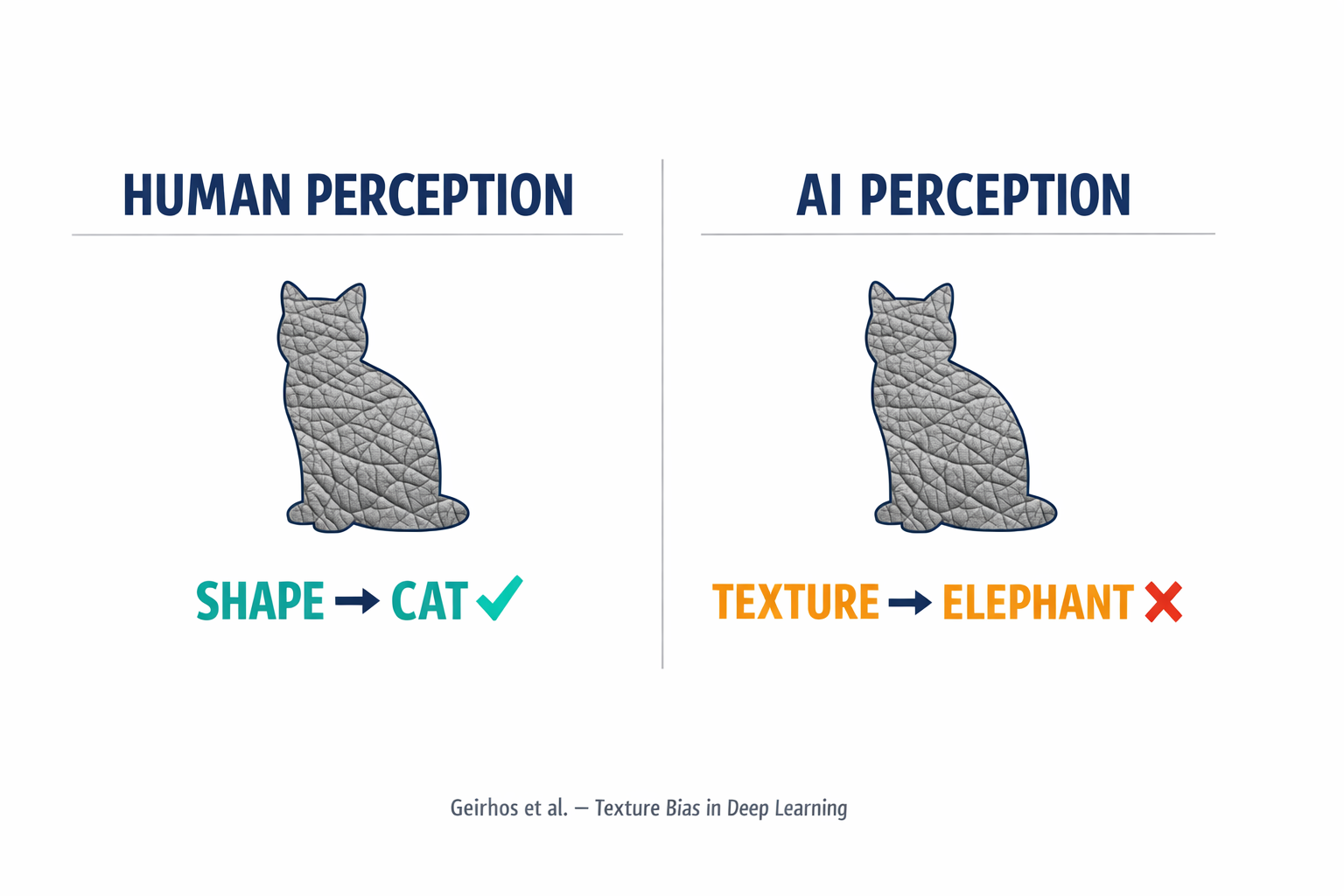 A comparison diagram showing how humans perceive objects via shape versus how AI models perceive objects via texture, using the cat-silhouette-with-elephant-skin experiment as the concrete example.