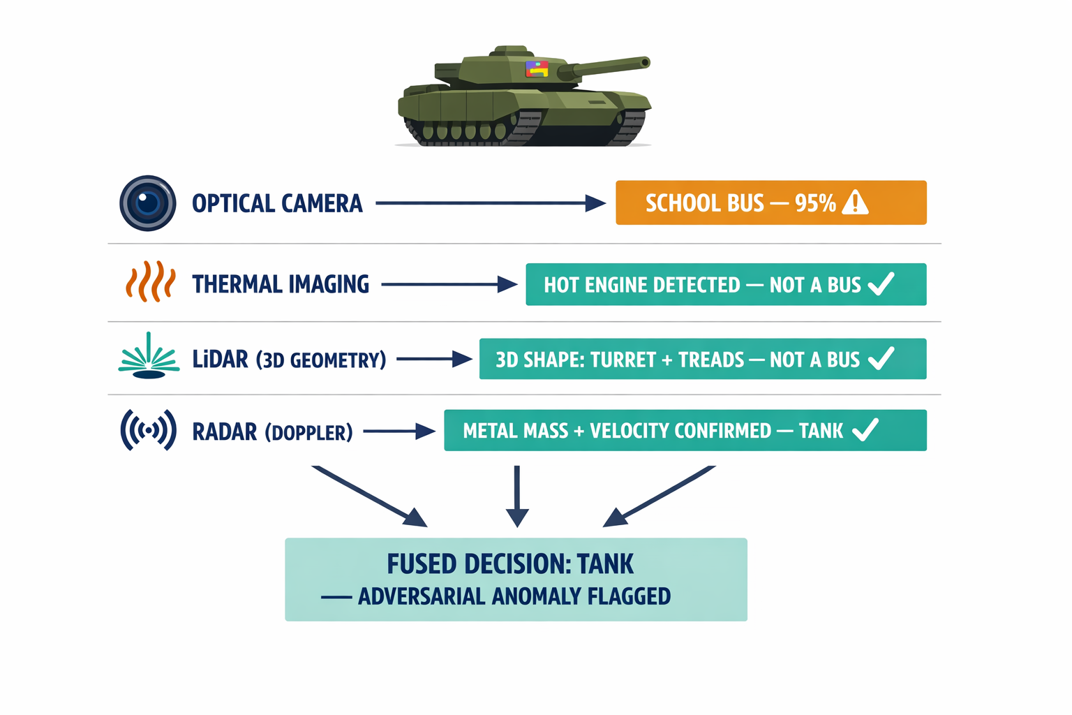 A diagram showing how four sensor modalities (camera, thermal, LiDAR, radar) each perceive the same adversarial-patched tank differently, and how their cross-referencing catches the deception.