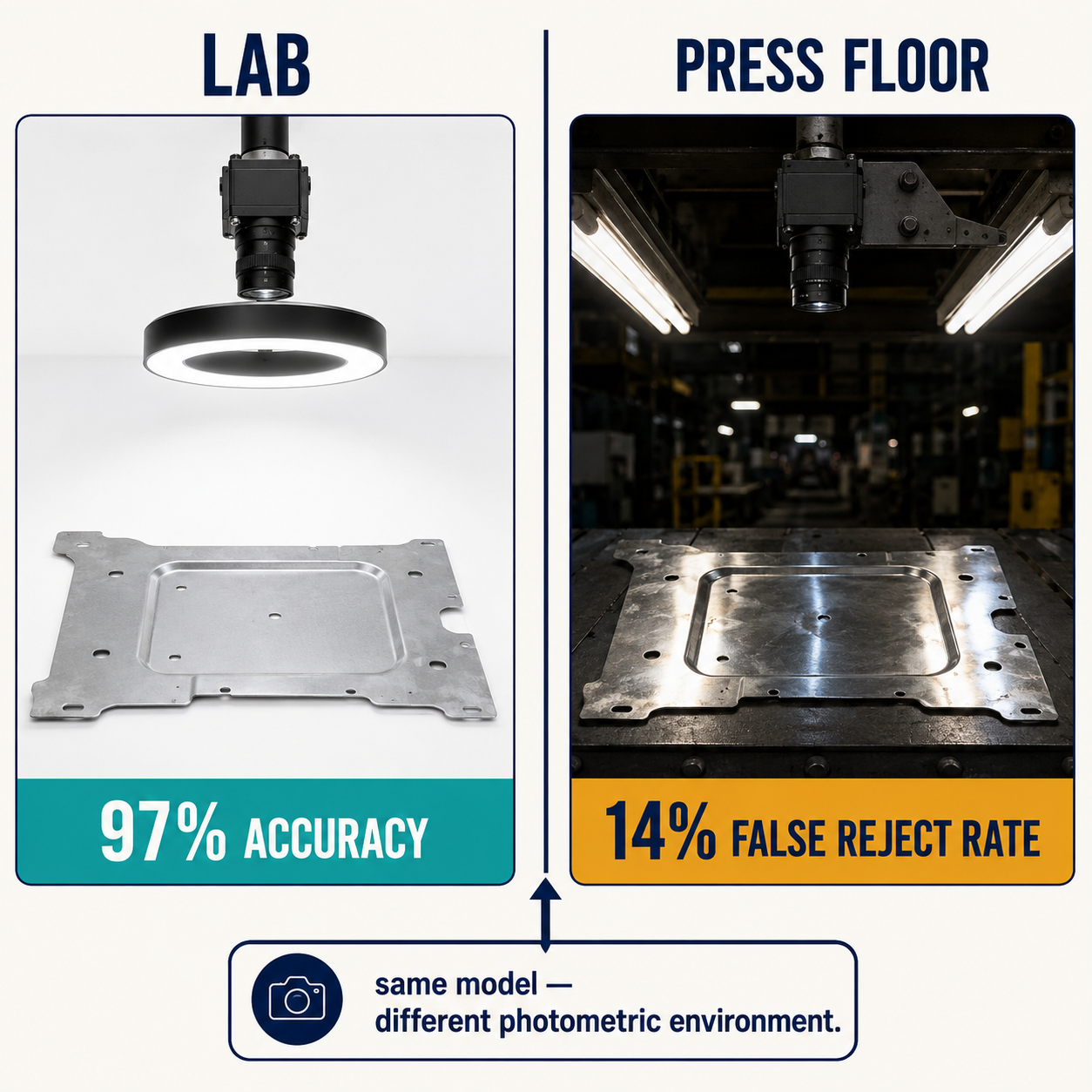 Lab inspection accuracy 97% vs factory floor false reject rate 14% comparison — lighting geometry causes the gap