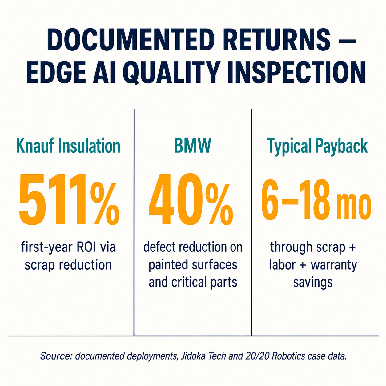 Edge AI manufacturing inspection ROI benchmarks: Knauf 511%, BMW 40% defect reduction, 6-18 month typical payback