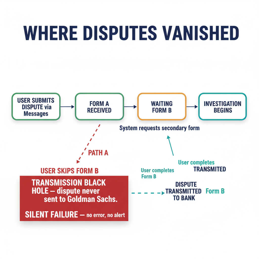 State machine diagram showing how the Apple Card dispute flow broke — the exact path where disputes vanished into a transmission black hole.