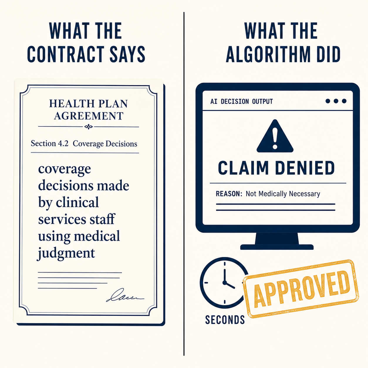Two-panel comparison: contract language promising medical judgment on left versus AI denial screen with seconds-stamp on right