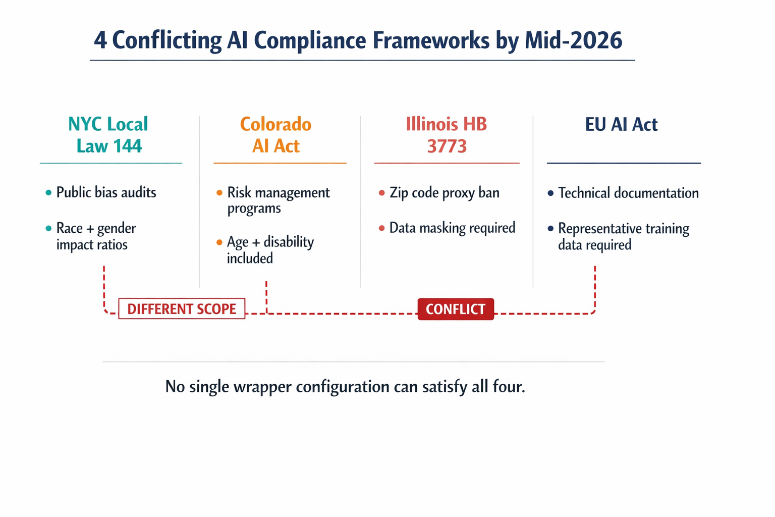 A comparison diagram showing the four conflicting AI compliance frameworks enterprises must navigate simultaneously in 2026, with their key requirements and where they conflict.
