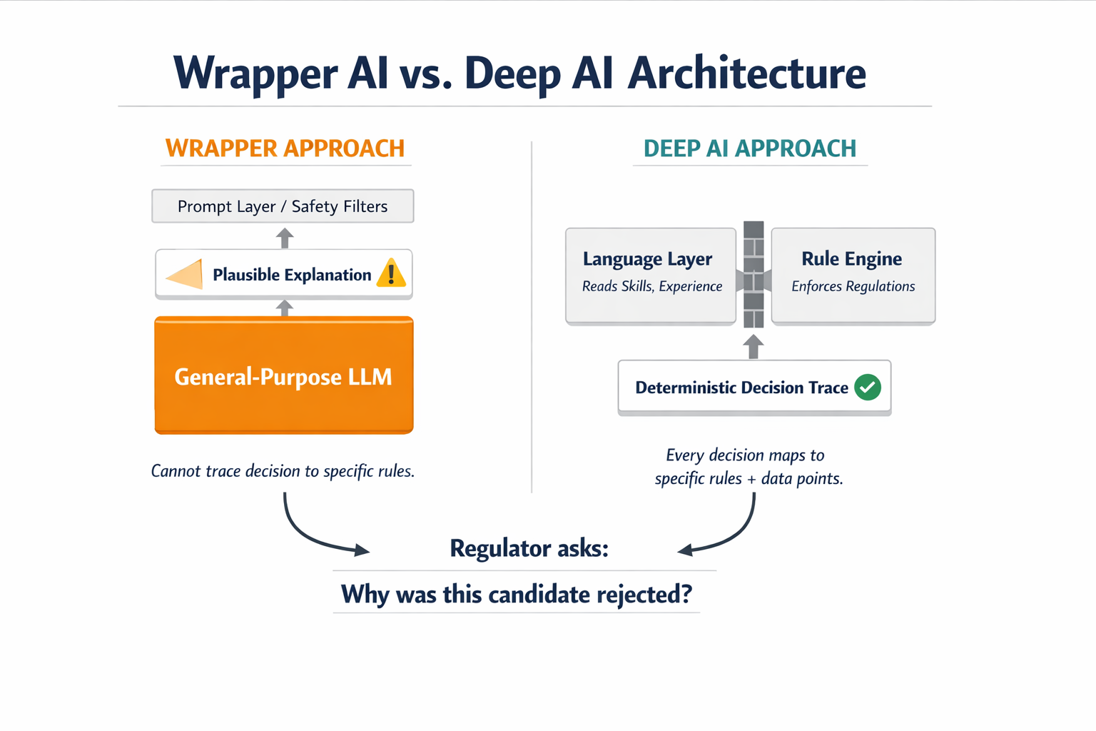 An architecture diagram contrasting the wrapper AI approach (prompt layer on top of a general-purpose model) with the Deep AI approach (separated language layer and deterministic rule engine), showing how each handles a regulatory query.