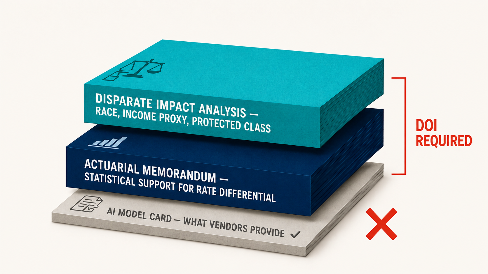 Three-layer document stack showing AI model card at bottom (what vendors provide) versus actuarial memorandum and disparate impact analysis (DOI required) above