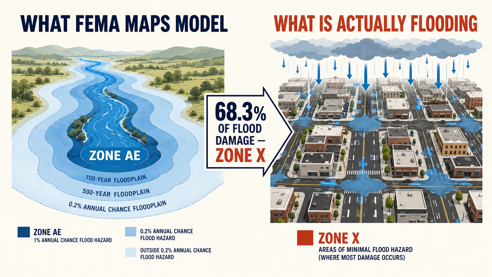 Side-by-side diagram: FEMA models fluvial river flooding in Zone AE, while actual losses come from urban rainfall pluvial flooding in Zone X — 68.3% of damage is Zone X