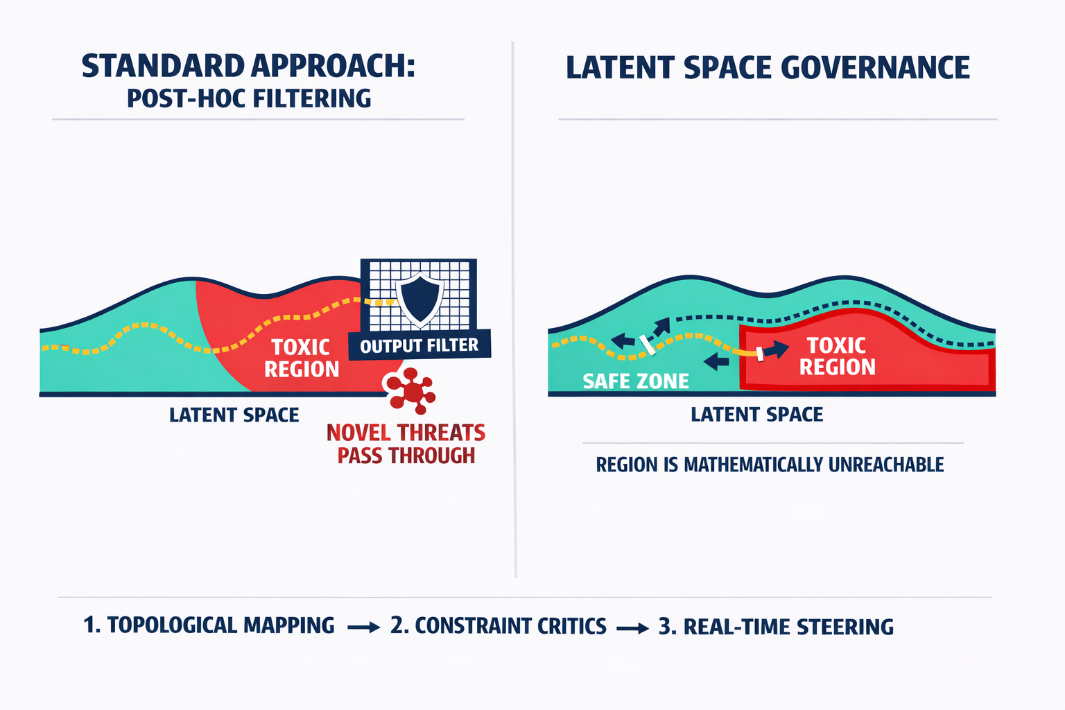 A diagram comparing the two approaches — standard post-hoc filtering (model generates freely, filter catches bad outputs) vs latent space governance (dangerous regions are made unreachable before generation).