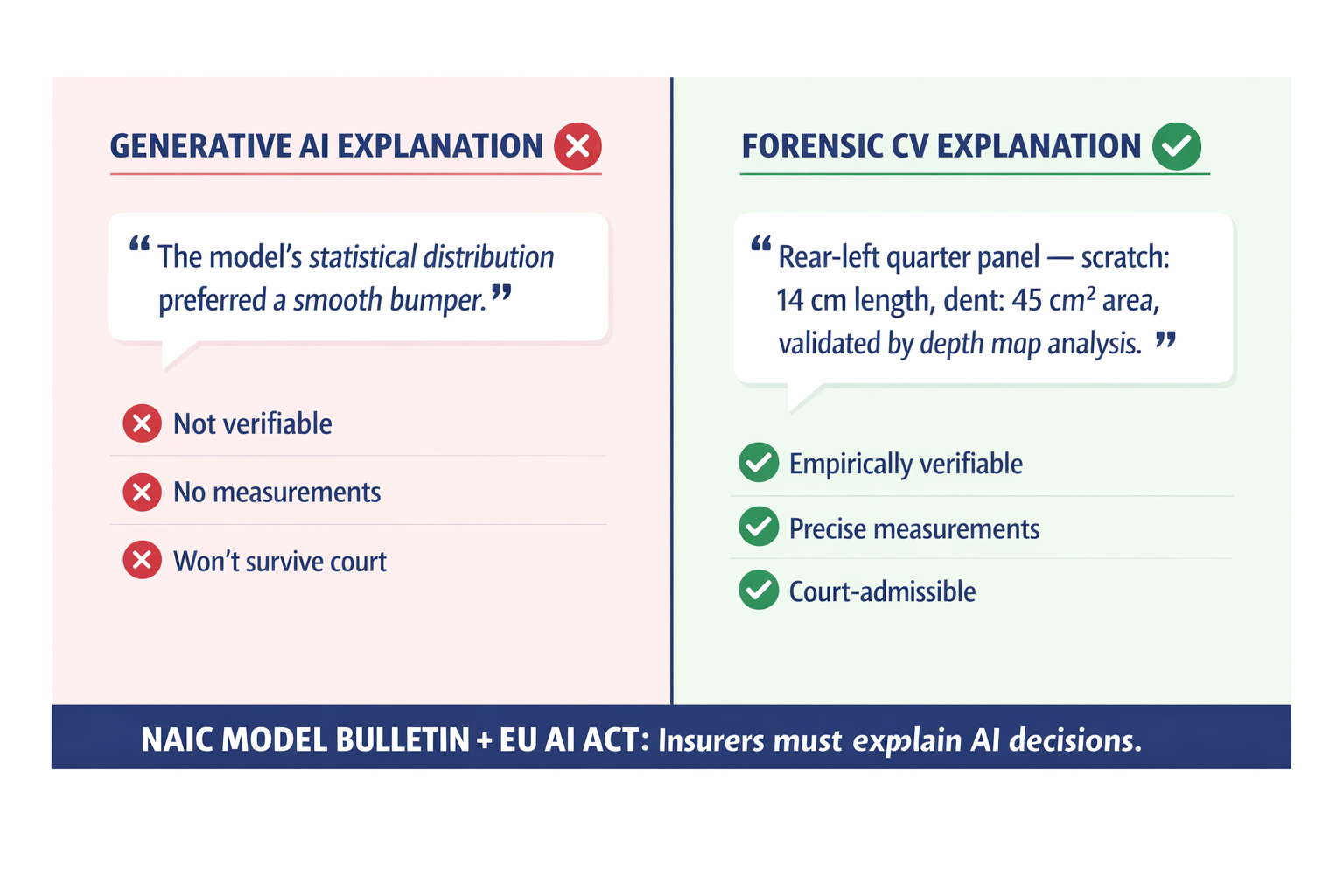 A side-by-side comparison showing a generative AI denial explanation versus a forensic computer vision explanation, illustrating the explainability gap that regulators now require insurers to close.