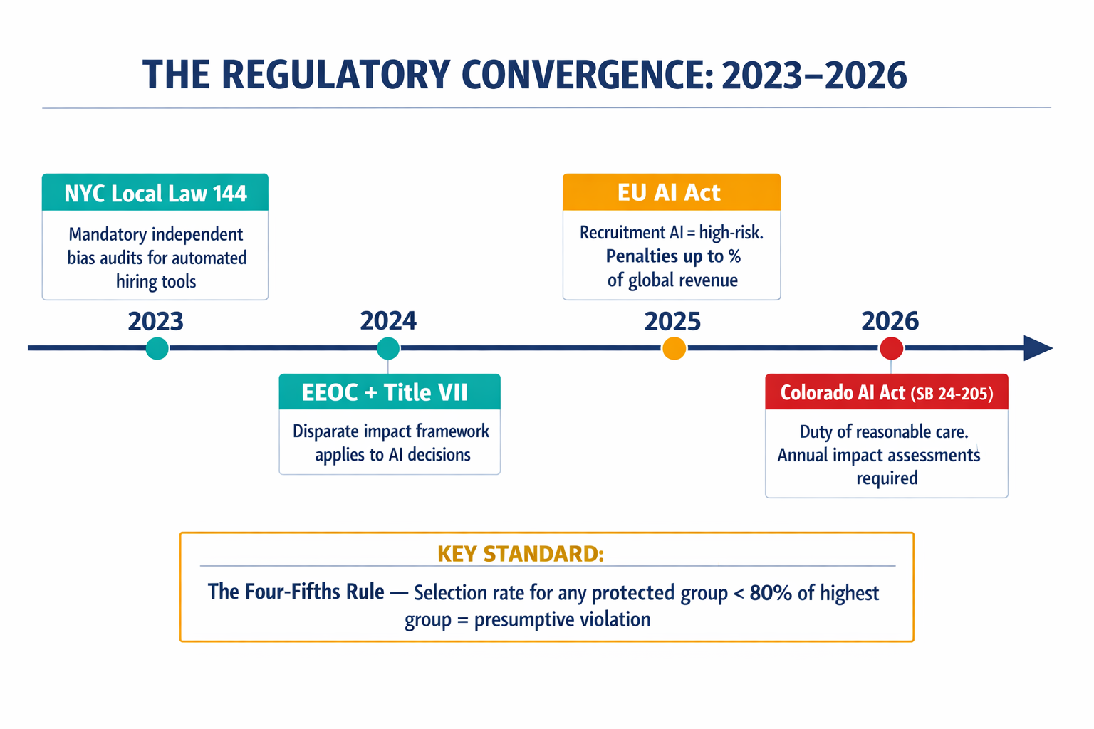 A timeline/landscape infographic showing the converging regulatory requirements across jurisdictions, with their key mandates and dates, making the urgency of the 2025-2026 window concrete.