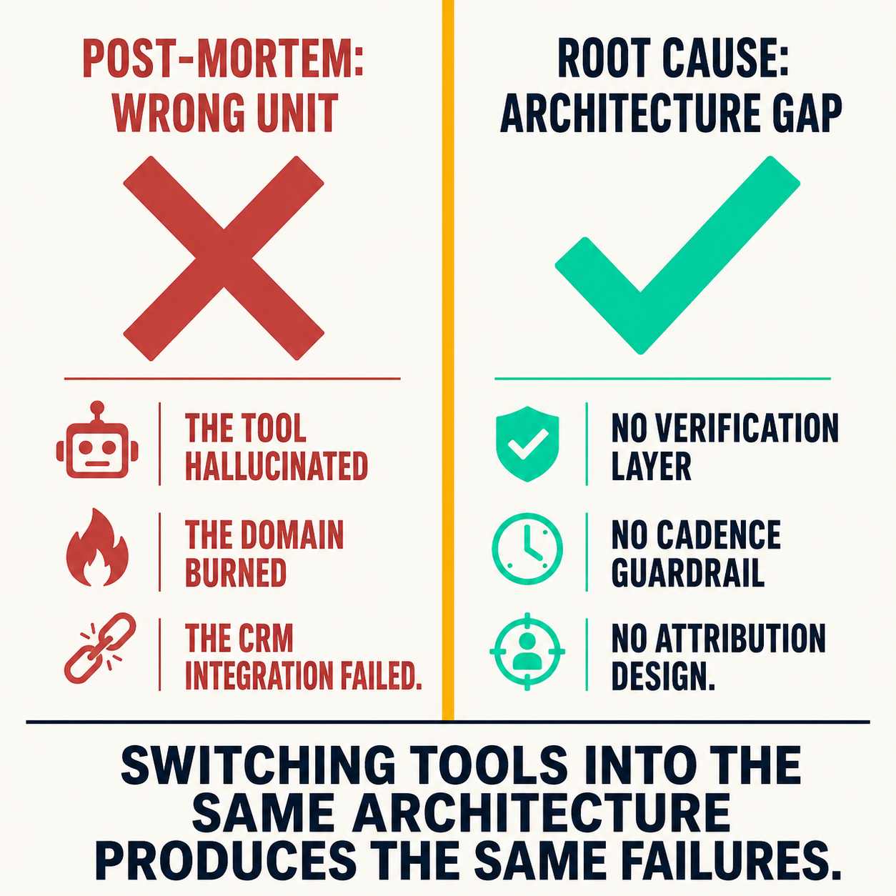 Split comparison showing wrong unit of analysis (tool symptoms) vs right unit (architecture root causes) in AI SDR post-mortems.