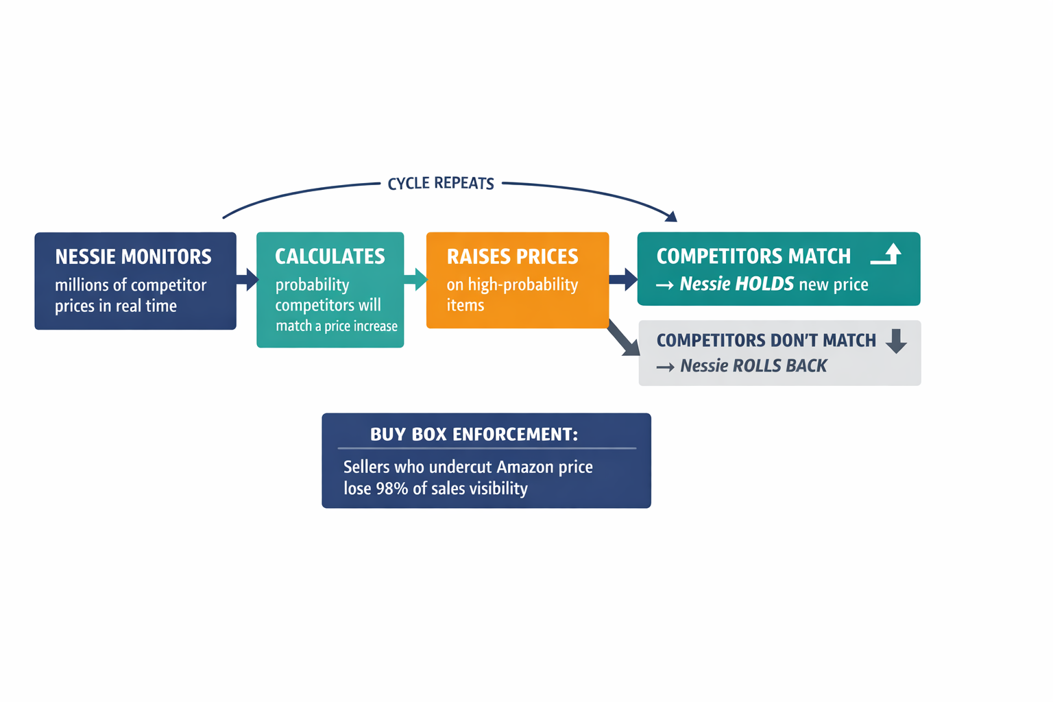 A step-by-step flowchart showing how Project Nessie's feedback loop worked — monitoring competitors, raising prices, detecting whether competitors matched, and then holding or rolling back.