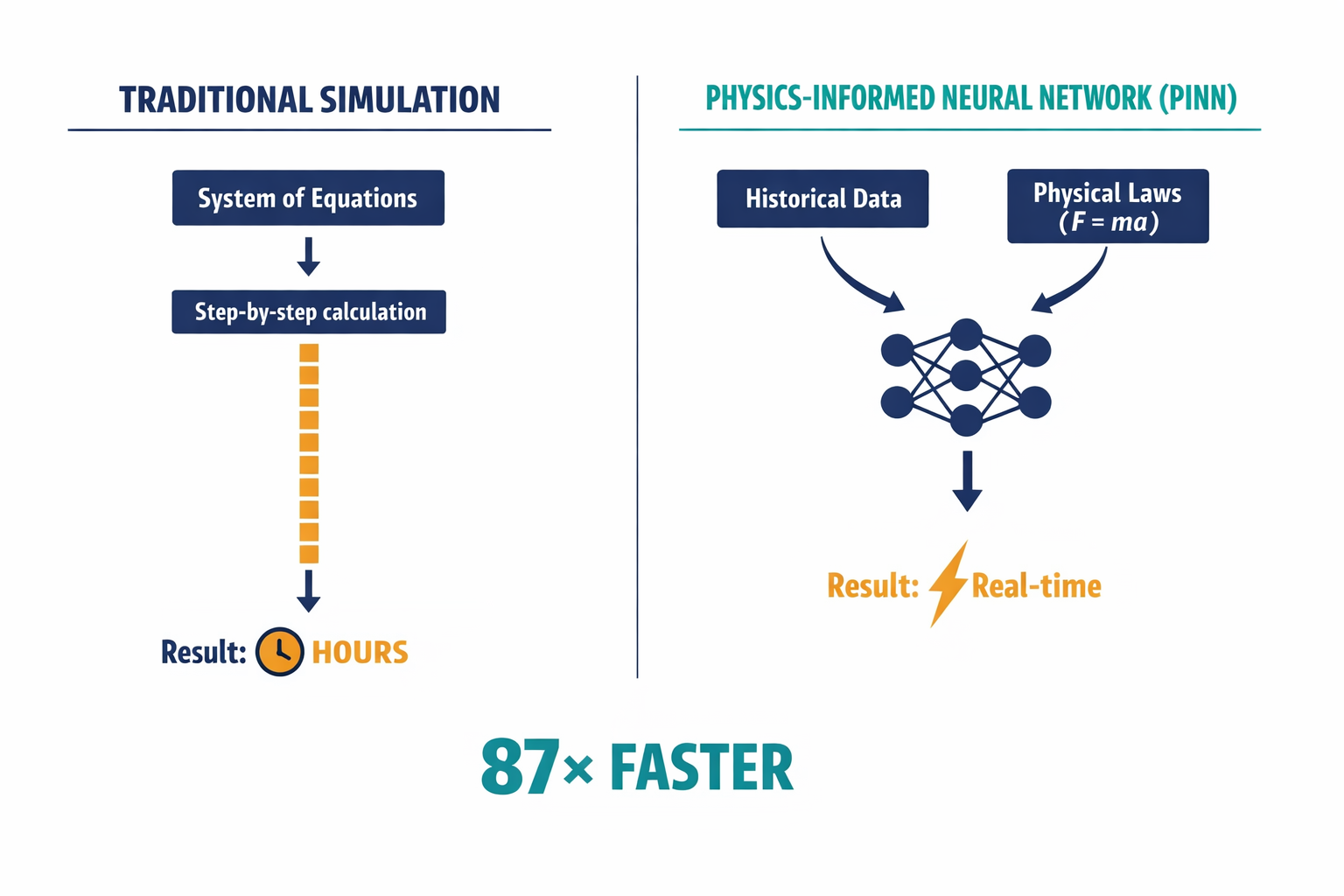 A comparison diagram showing how traditional grid simulation works versus how Physics-Informed Neural Networks (PINNs) work, highlighting the 87x speed advantage.