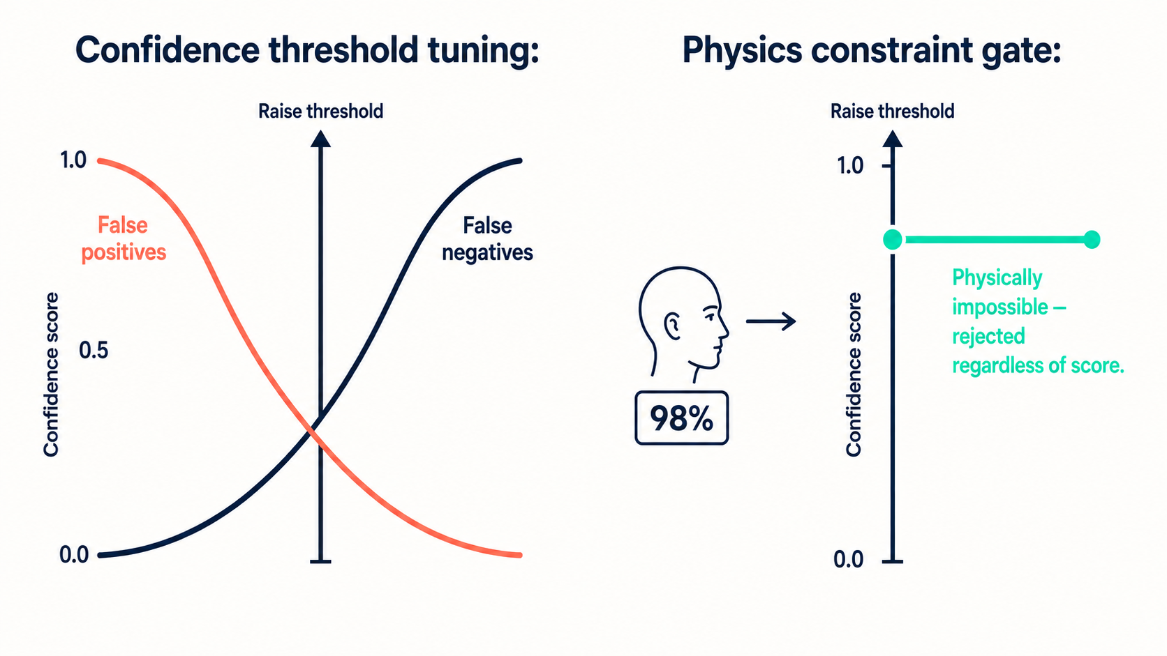 Diagram showing confidence threshold tuning creates an inverse FP/FN tradeoff, while a physics constraint adds a perpendicular gate that rejects impossible detections regardless of score
