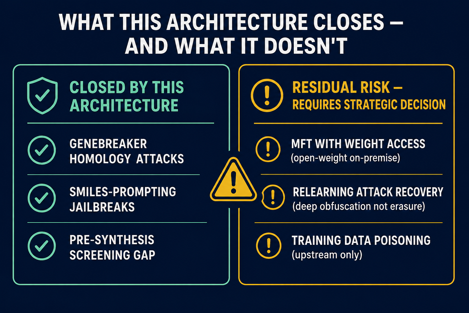 Two-zone annotated concept showing what the architecture closes (GeneBreaker attacks, SMILES-prompting, synthesis screening gap) versus residual risks requiring strategic decisions (MFT, relearning, data poisoning).