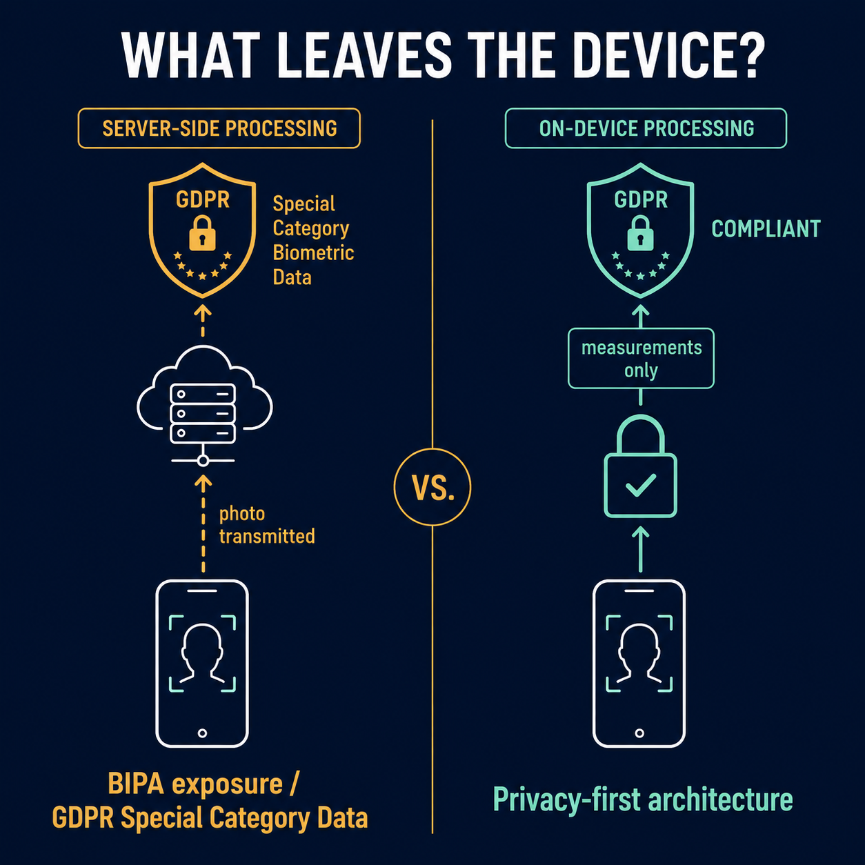 Architecture diagram contrasting server-side biometric processing (GDPR liability) versus on-device processing (compliant path)