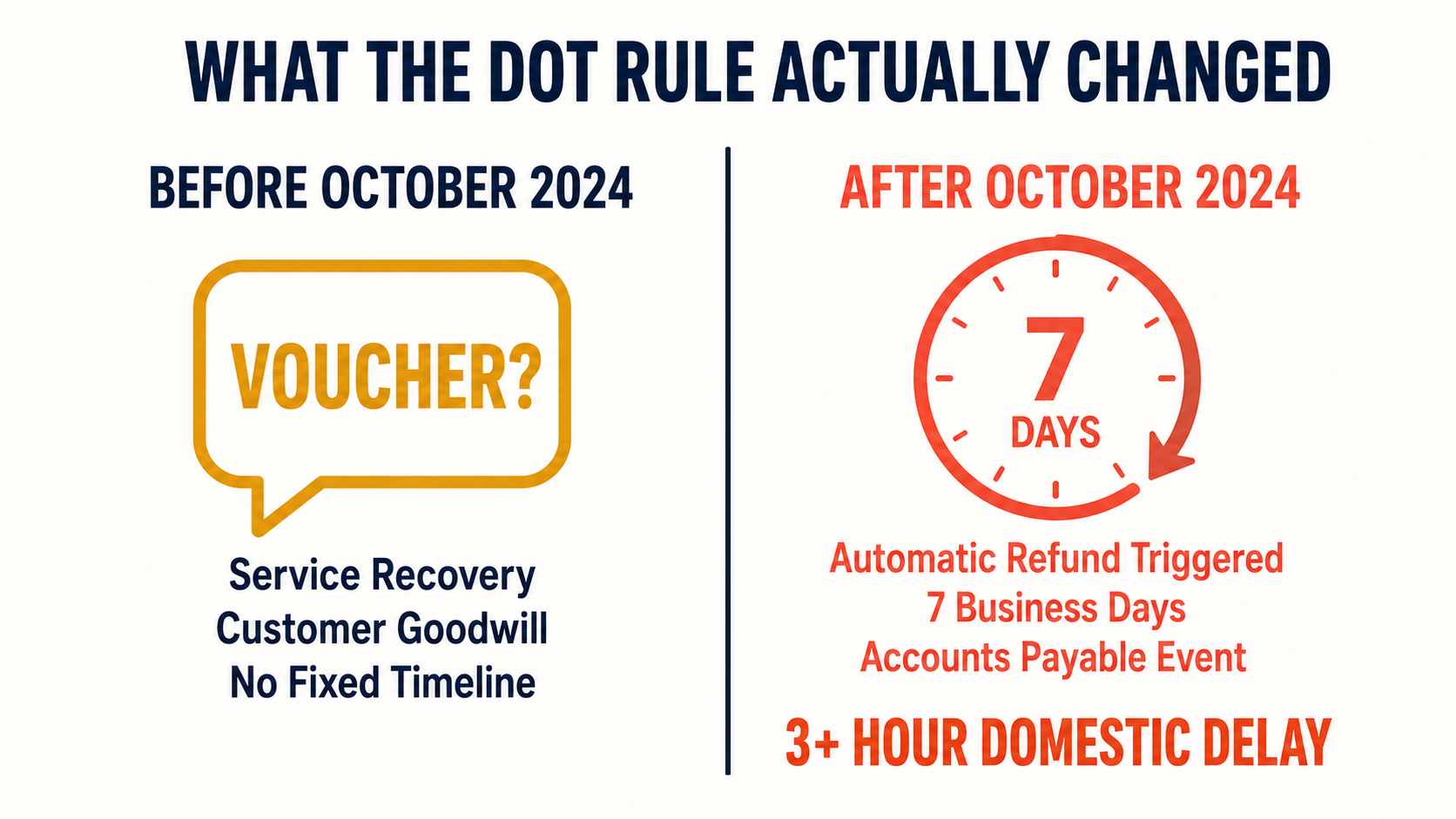 Before/after DOT rule comparison: customer voucher vs. automatic 7-day refund trigger for 3+ hour delays