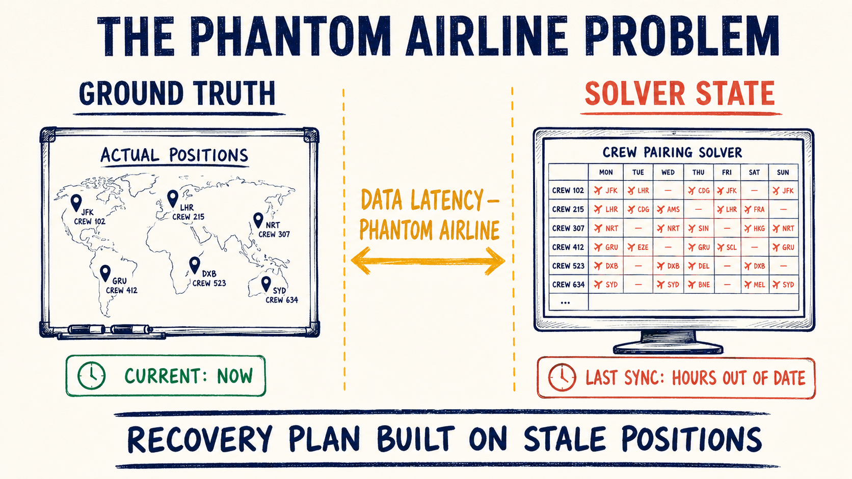The phantom airline problem: ground truth crew positions vs. stale solver state, with data latency gap labeled