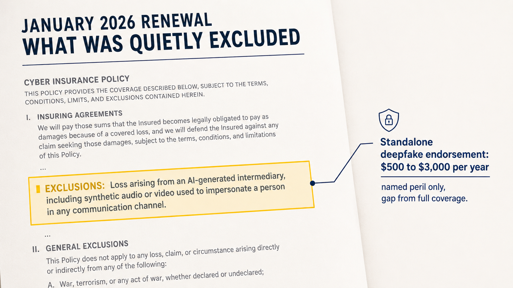 Annotated insurance policy page with January 2026 AI-generated intermediary exclusion highlighted and standalone endorsement gap noted.