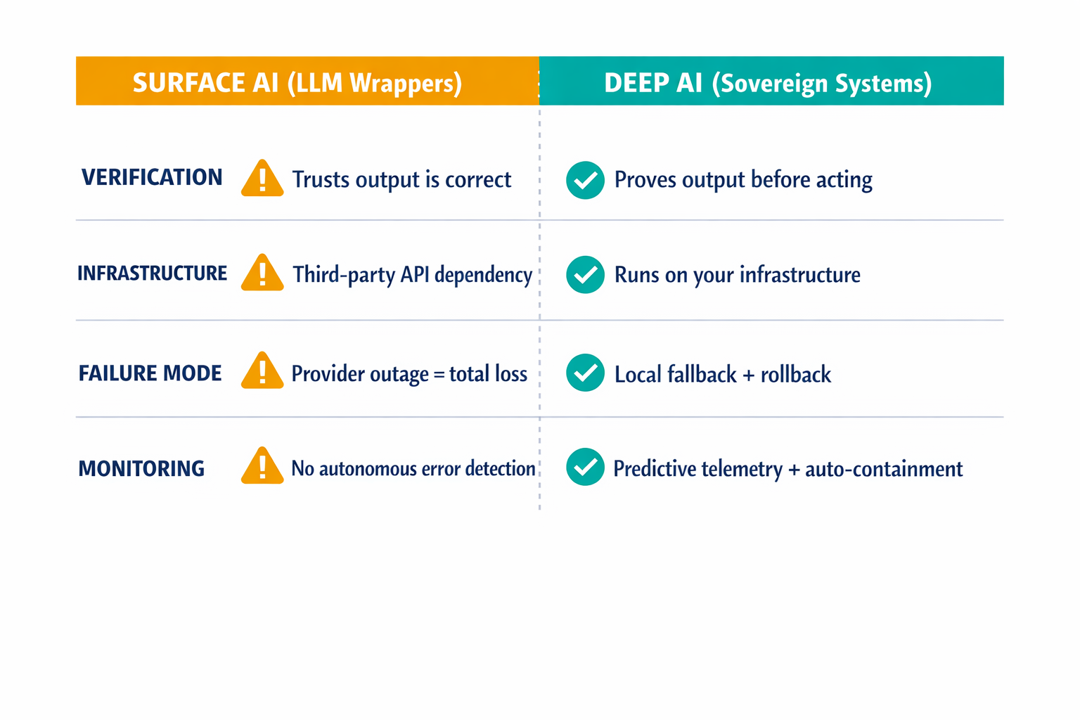 A side-by-side comparison diagram contrasting Surface AI (LLM wrappers) and Deep AI architectures, showing the key structural differences in verification, control, and failure modes.