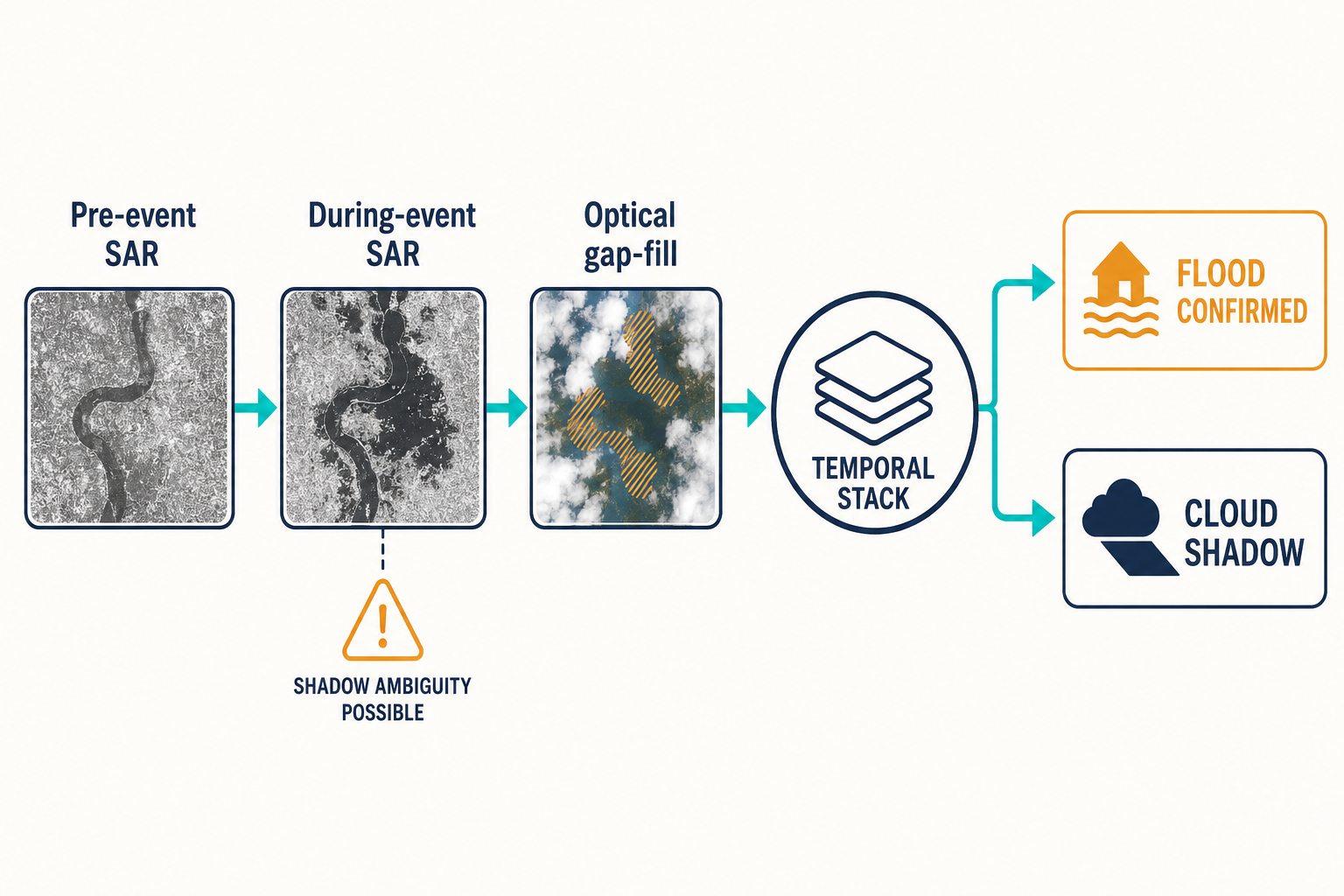 Pipeline diagram showing Pre-event SAR, During-event SAR, and Optical gap-fill feeding into a Temporal Stack node that resolves to Flood Confirmed or Cloud Shadow