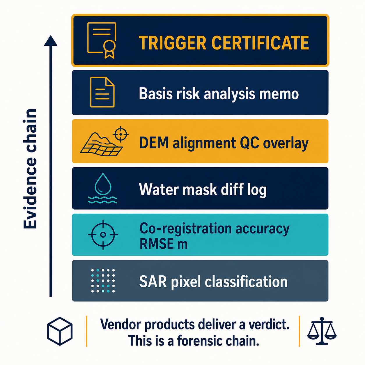 Vertical stack showing six evidence-chain layers from SAR pixel classification at the bottom to signed Trigger Certificate at the top