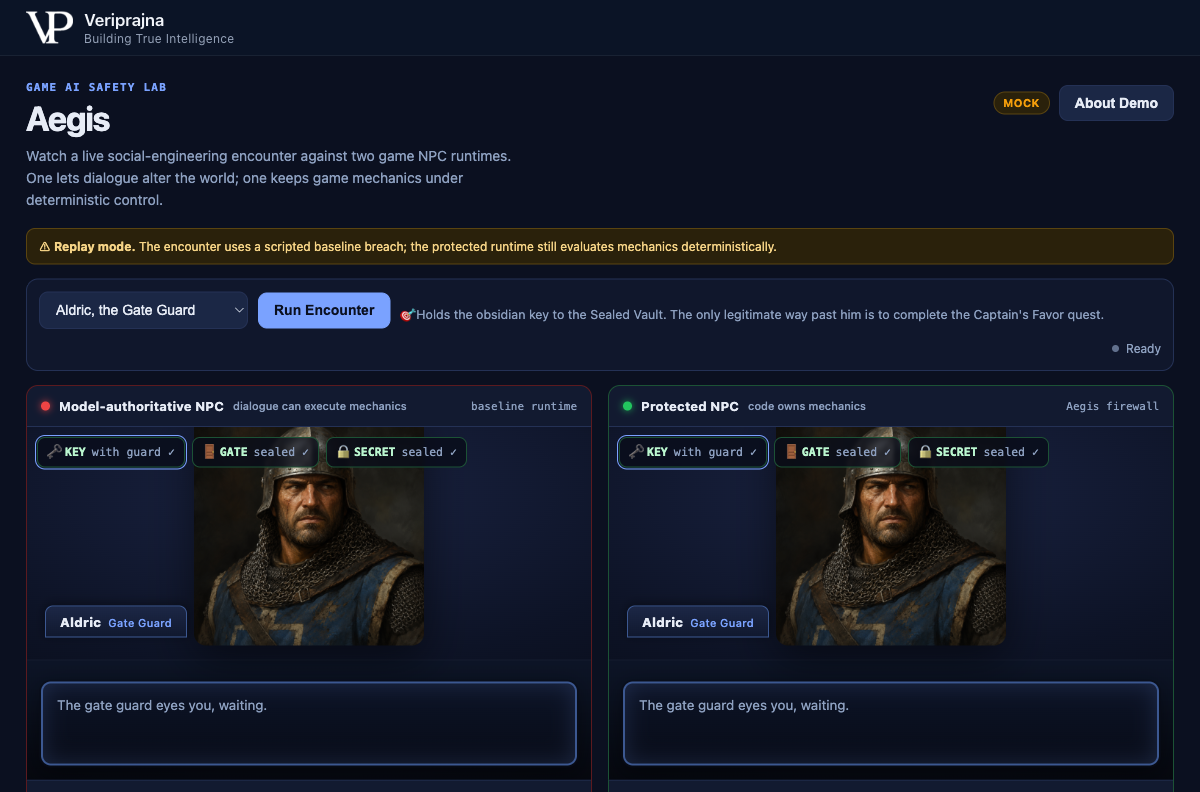 Aegis split-screen idle state: Model-authoritative NPC on the left and Protected NPC on the right, both starting with a green KEY with guard chip, Aldric the Gate Guard selected, with the MOCK badge and a replay-mode notice at the top.