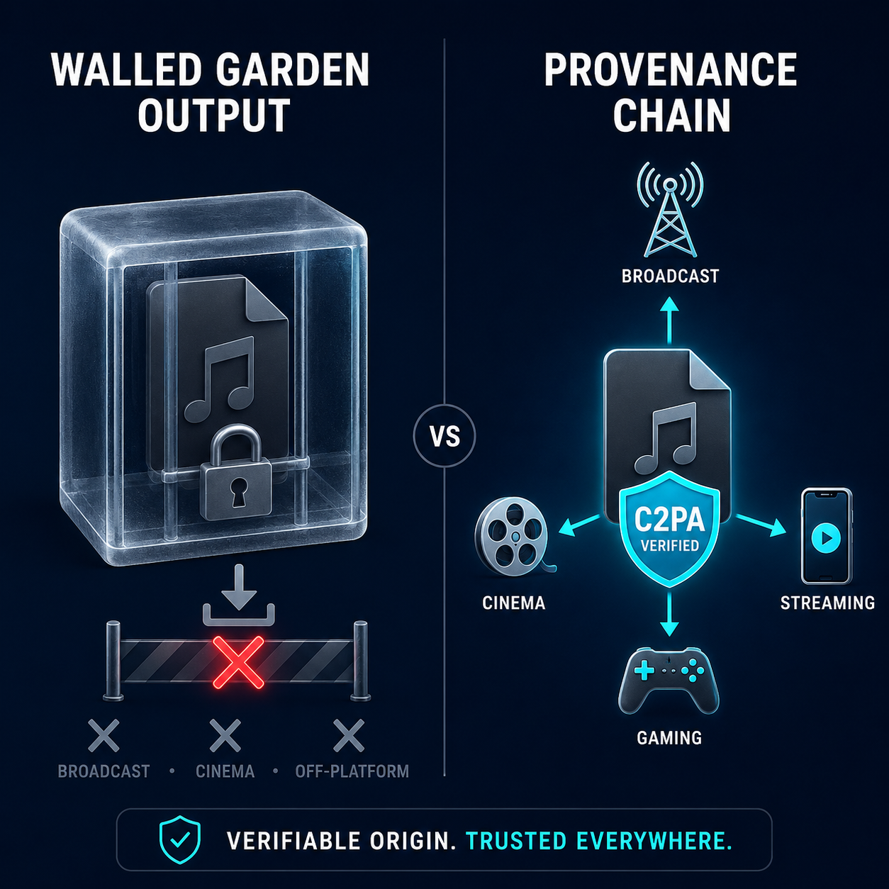 Comparison of walled-garden AI output (locked, broadcast blocked) vs provenance-chain output with C2PA badge shipping to broadcast, mobile, cinema, and gaming