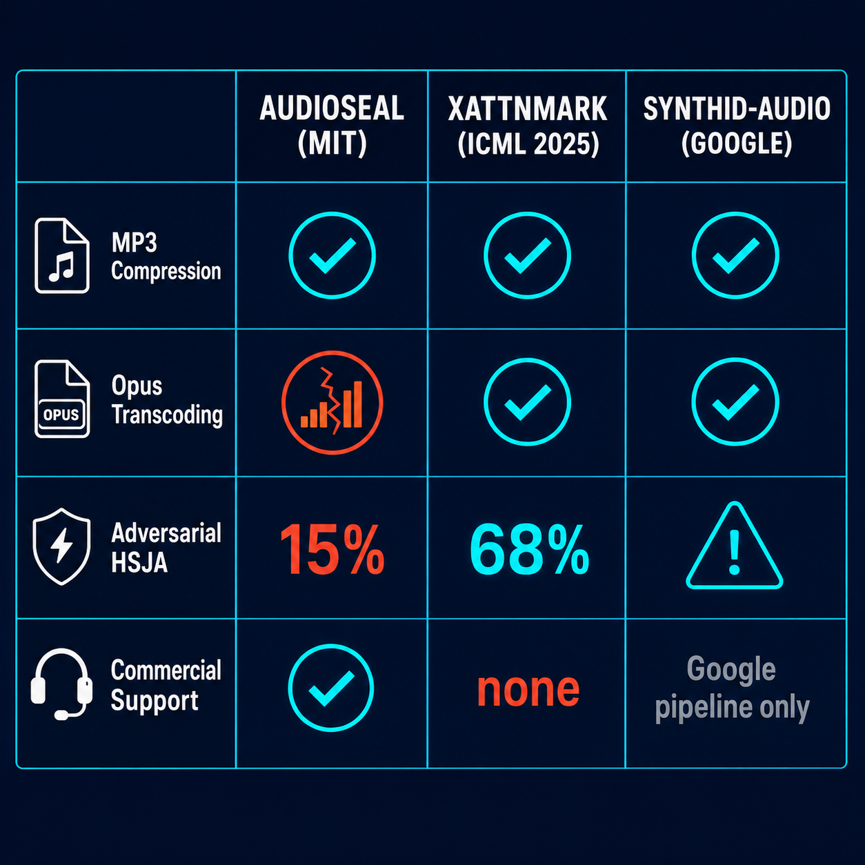 Watermark survival comparison matrix: AudioSeal vs XAttnMark vs SynthID-Audio across MP3, Opus transcoding, adversarial HSJA attacks, and commercial support