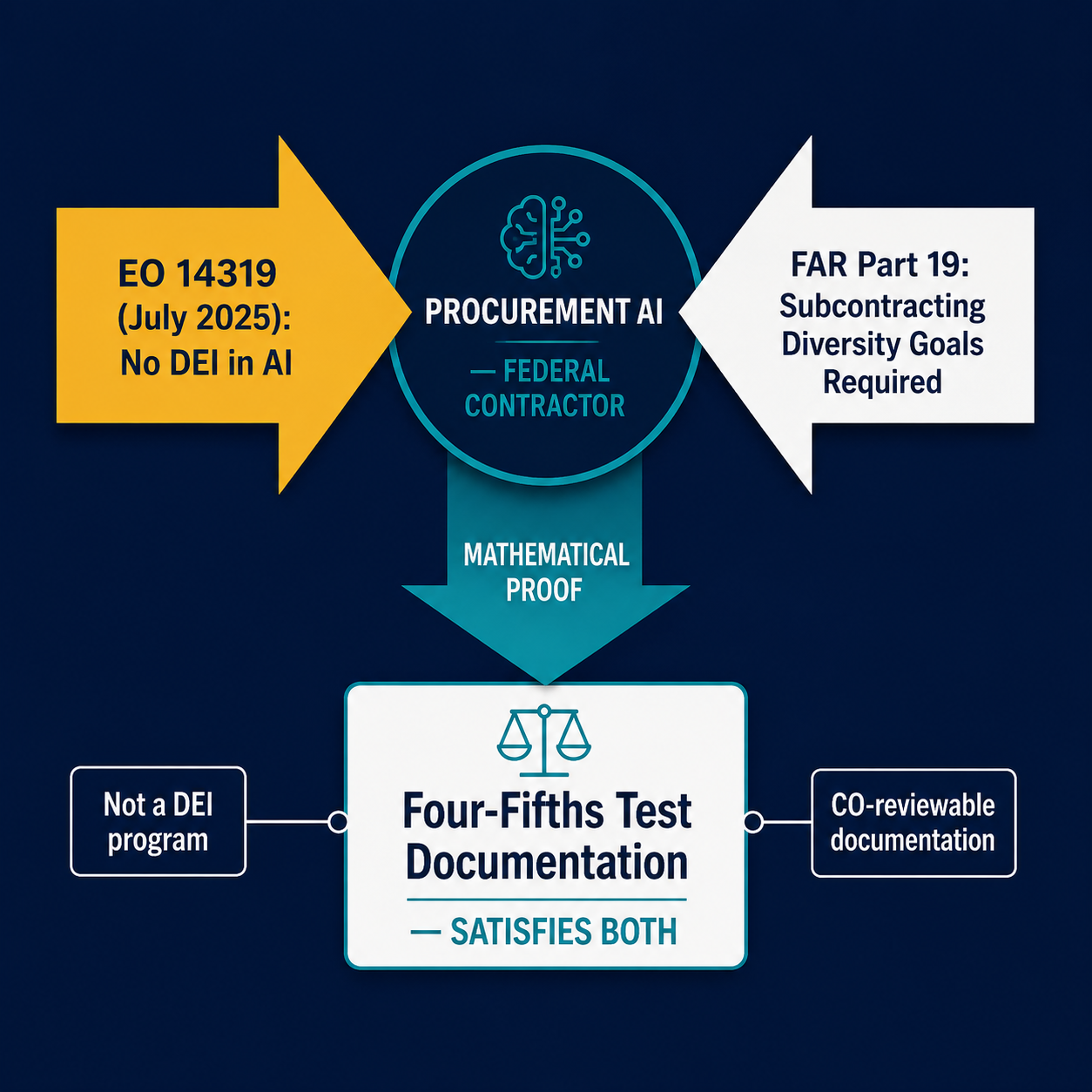 Diagram showing EO 14319 and FAR Part 19 converging on procurement AI, with mathematical disparate impact proof as the path satisfying both.