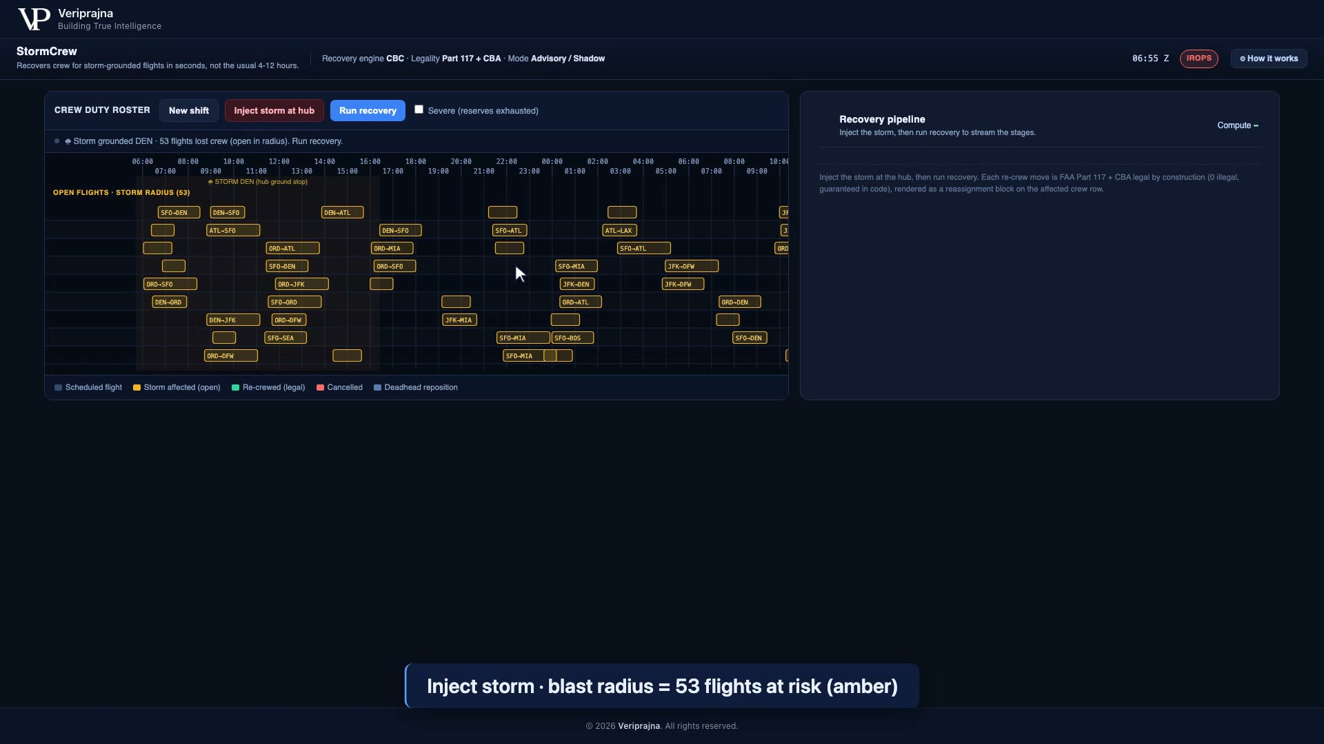 StormCrew roster after injecting a storm at the hub, with the 53-flight blast radius highlighted in amber across the rotation