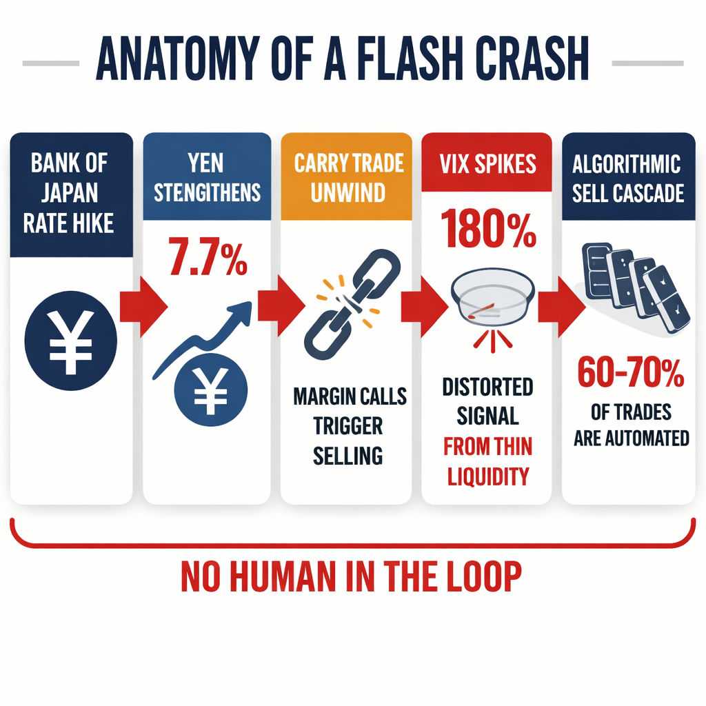 Diagram showing the cascading chain reaction of the August 2024 flash crash, from trigger event through algorithmic amplification.