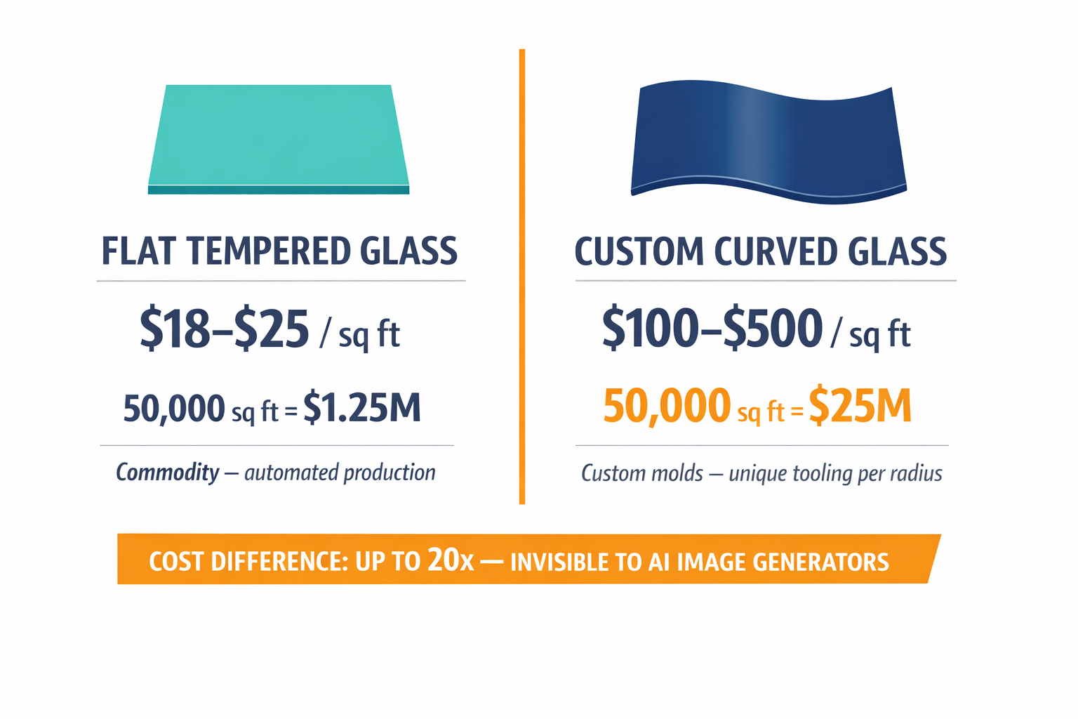 A side-by-side cost comparison infographic showing the dramatic price difference between flat and curved glass that is invisible to AI image generators but critical to developers.