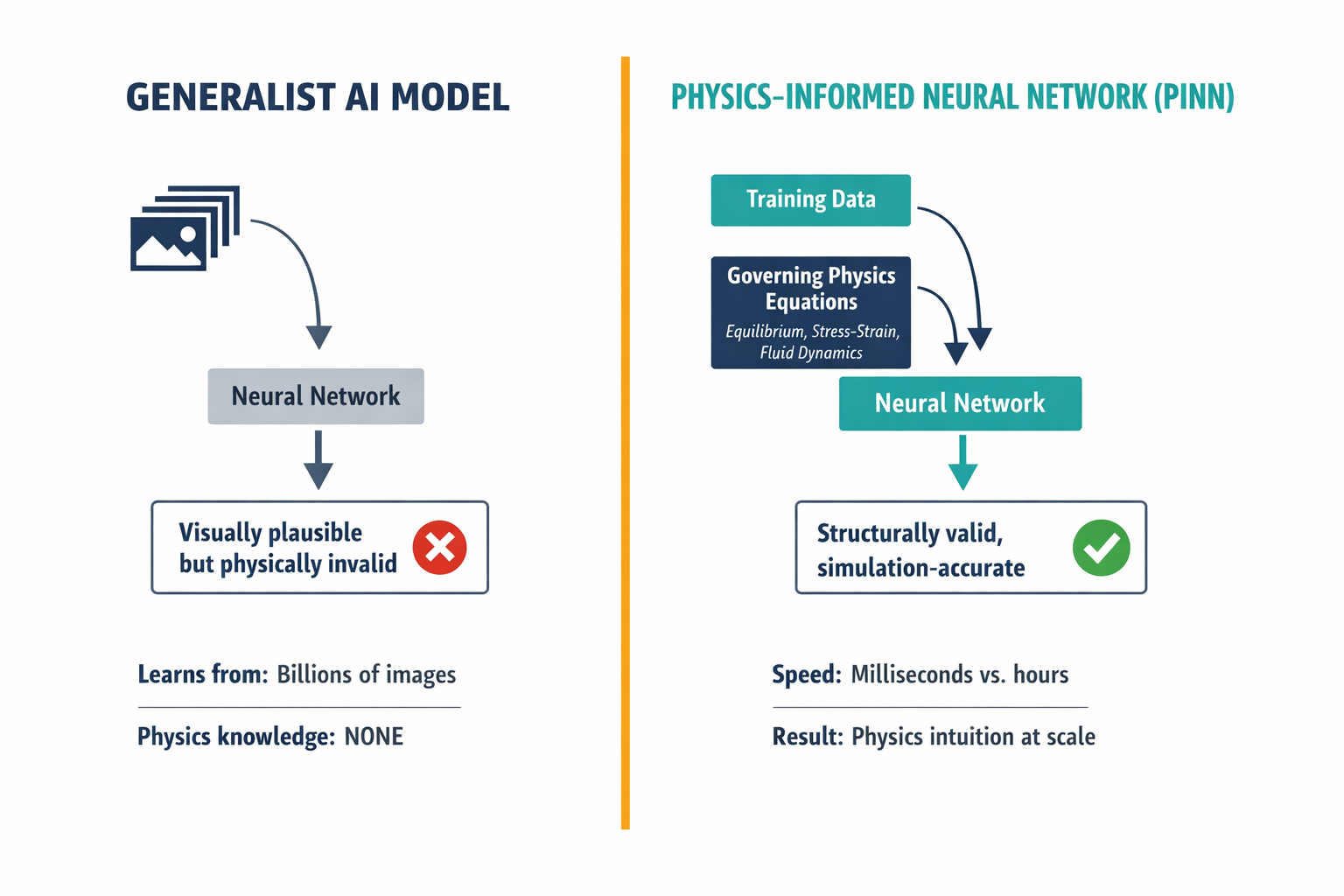 A comparison diagram showing the difference between how generalist AI models learn (from images only) versus how Physics-Informed Neural Networks learn (from data constrained by physics equations), explaining why PINNs produce valid engineering results.