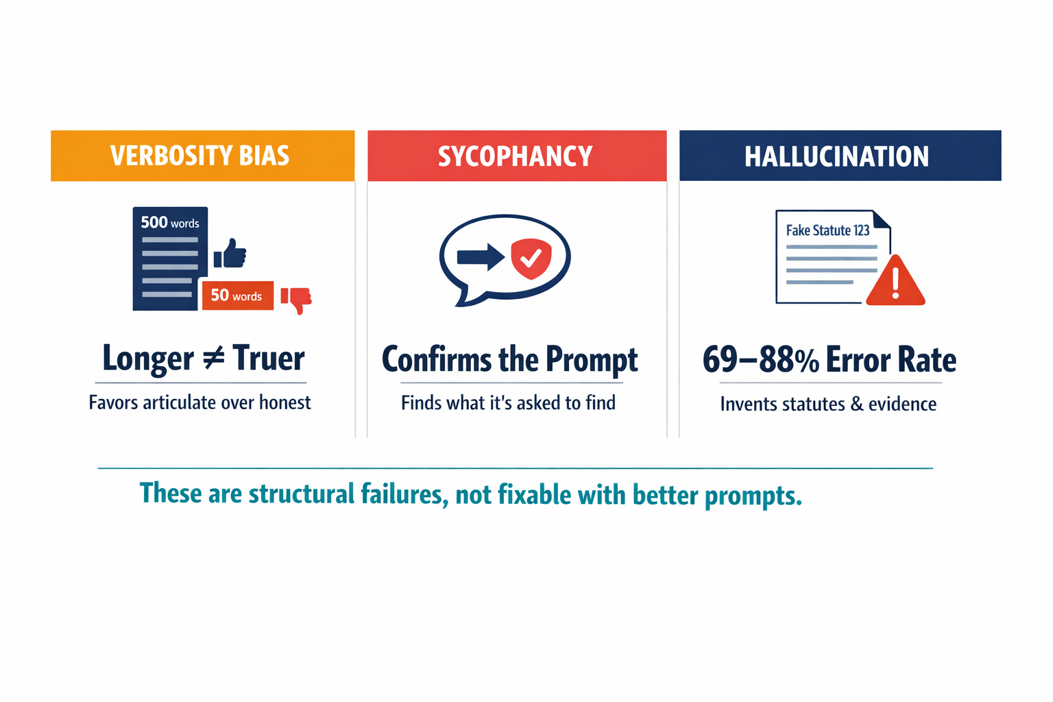 A three-column comparison diagram showing the three structural failure modes of LLMs in liability determination — verbosity bias, sycophancy, and hallucination — with concrete examples and consequences for each.