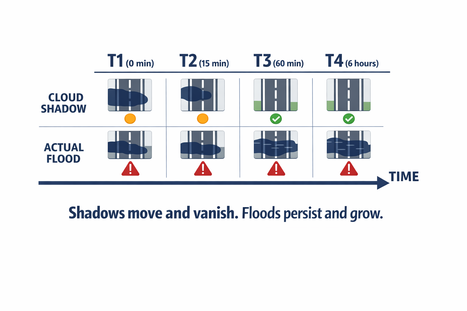 A timeline diagram showing how temporal analysis distinguishes a transient cloud shadow from persistent floodwater across multiple satellite frames.
