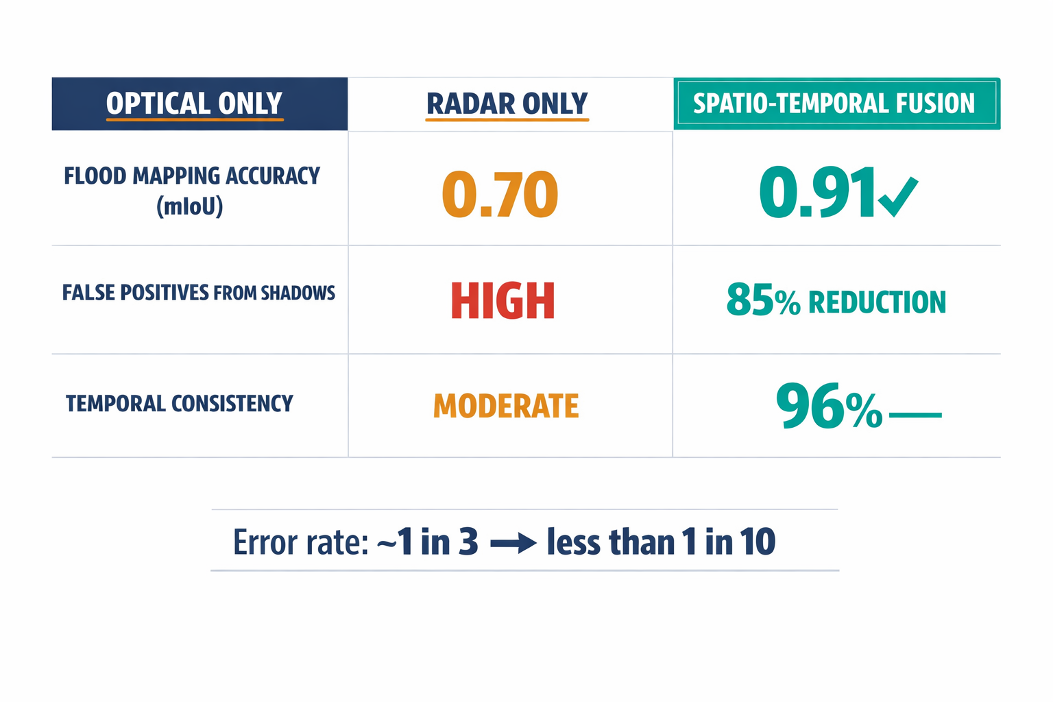 A comparison infographic showing the key benchmark metrics of optical-only, radar-only, and spatio-temporal fusion systems side by side.