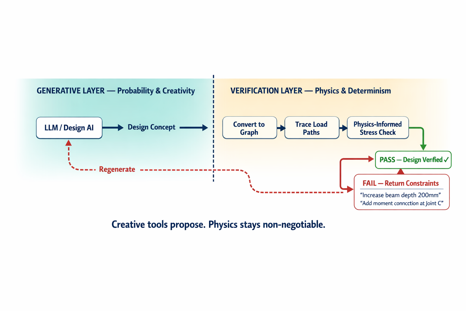 A flowchart showing the two-layer system where generative AI proposes designs and a physics verification layer validates or returns actionable constraints.